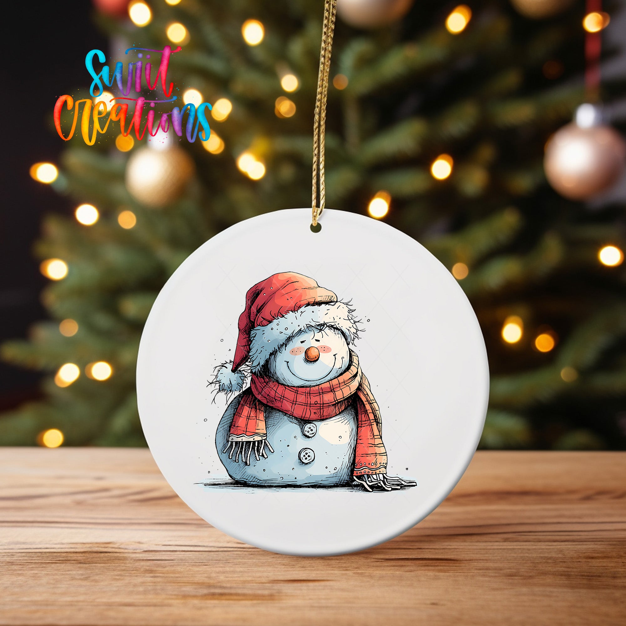 A white ceramic ornament featuring a snowman wearing a red scarf and hat, sitting on a wooden surface in front of a blurred Christmas tree with twinkling lights.