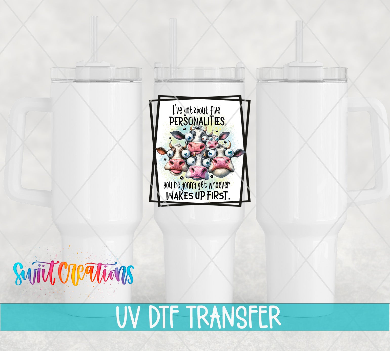 Swiit Creations UV DTF Five Personalities Cow transfer shown on a white tumbler set