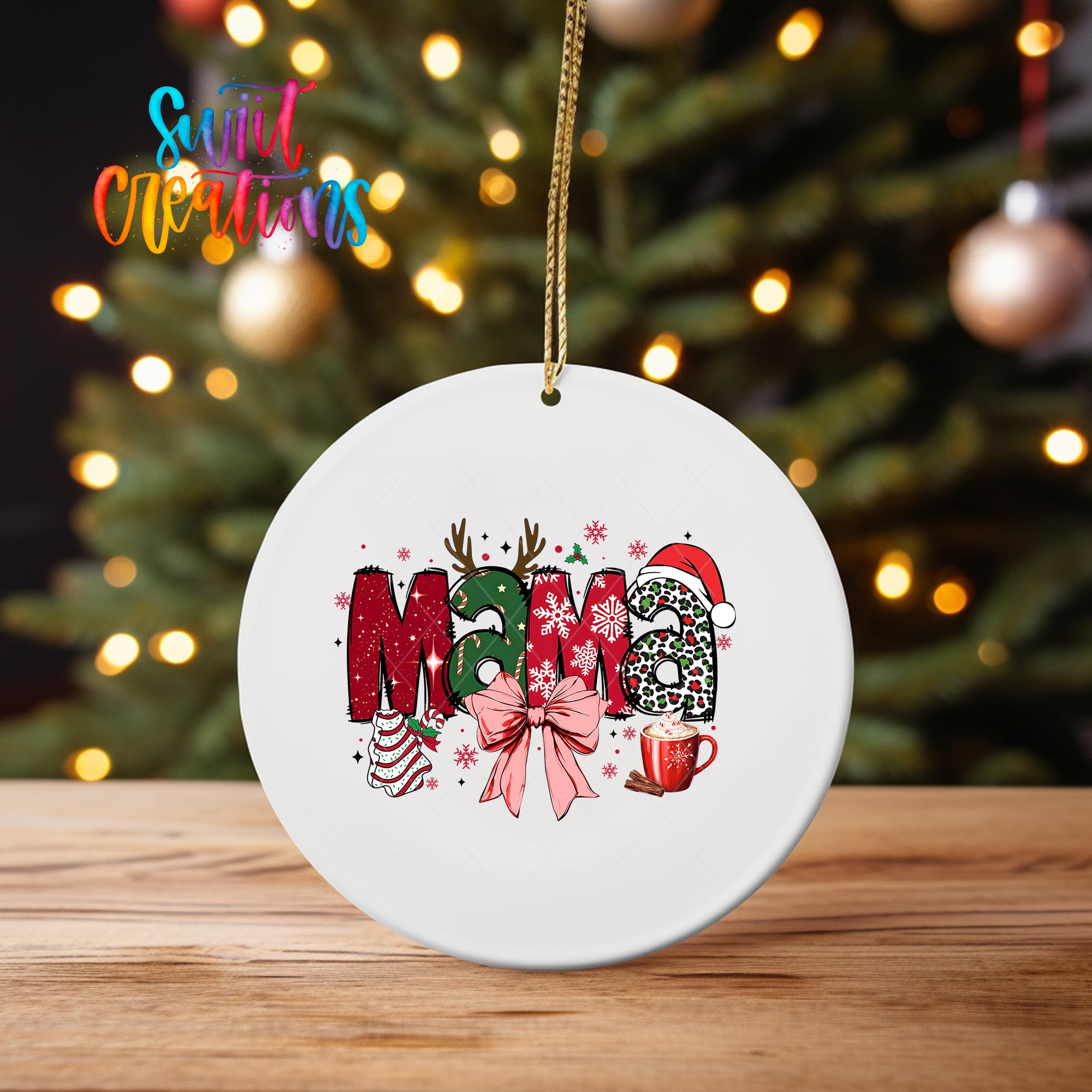 A white ceramic ornament with the word "Mama" written on it, surrounded by various Christmas-themed decorations such as snowflakes, reindeer, and a mug.