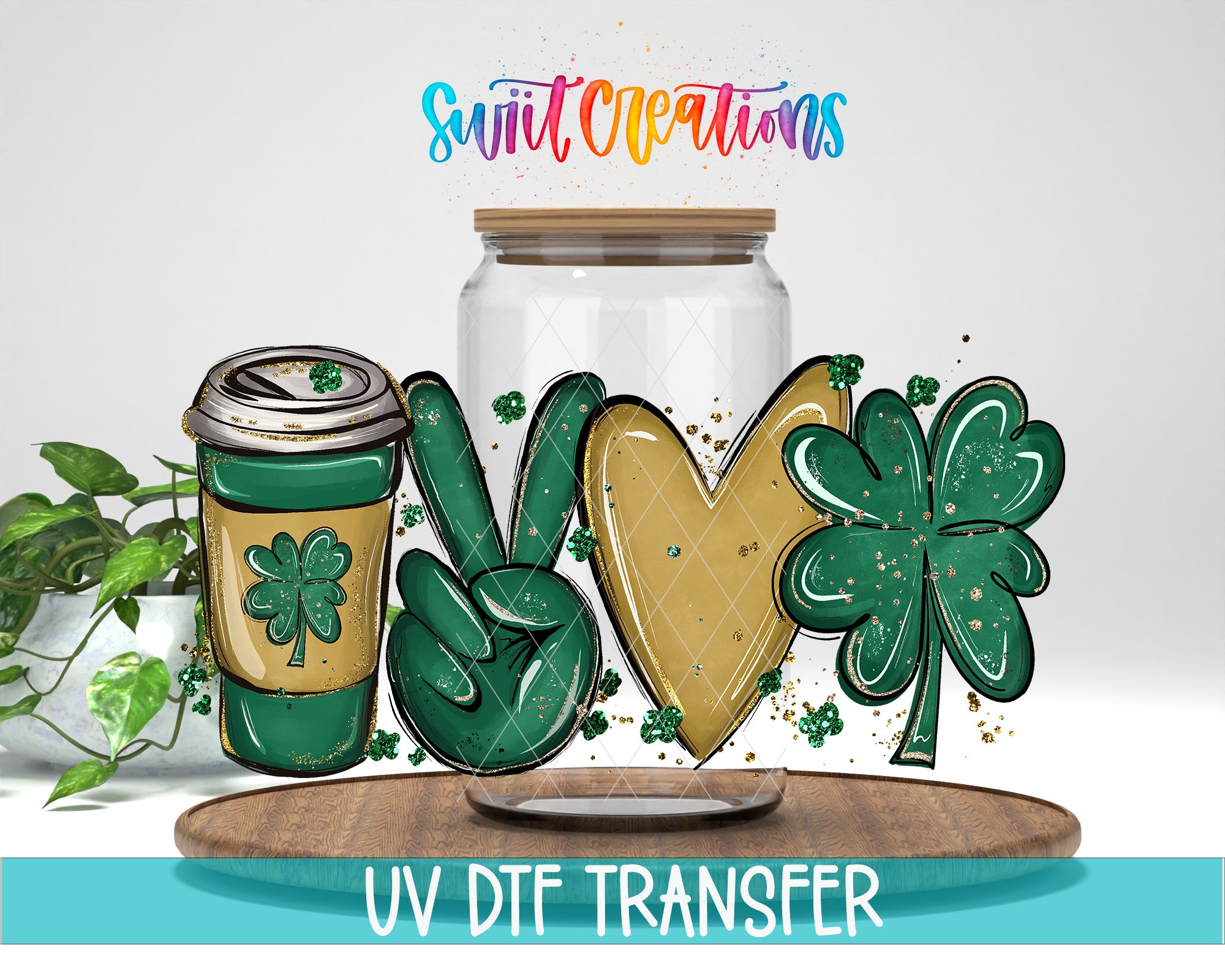 a glass jar with a lid, surrounded by various symbols and objects, including a clover, a peace sign, and a heart.