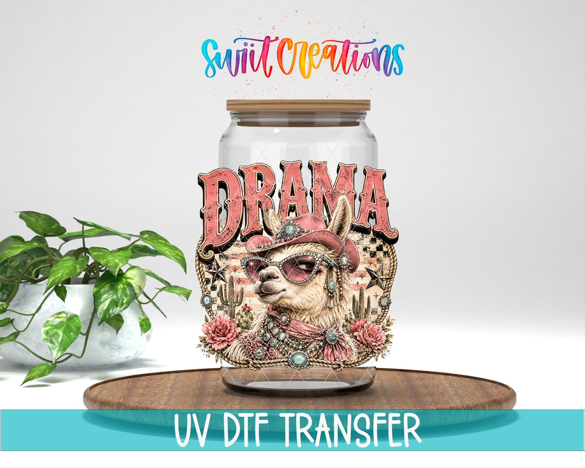a glass jar with a colorful design, including a llama wearing sunglasses and a hat, surrounded by flowers and other decorative elements. The word "Drama" is prominently displayed on the jar.