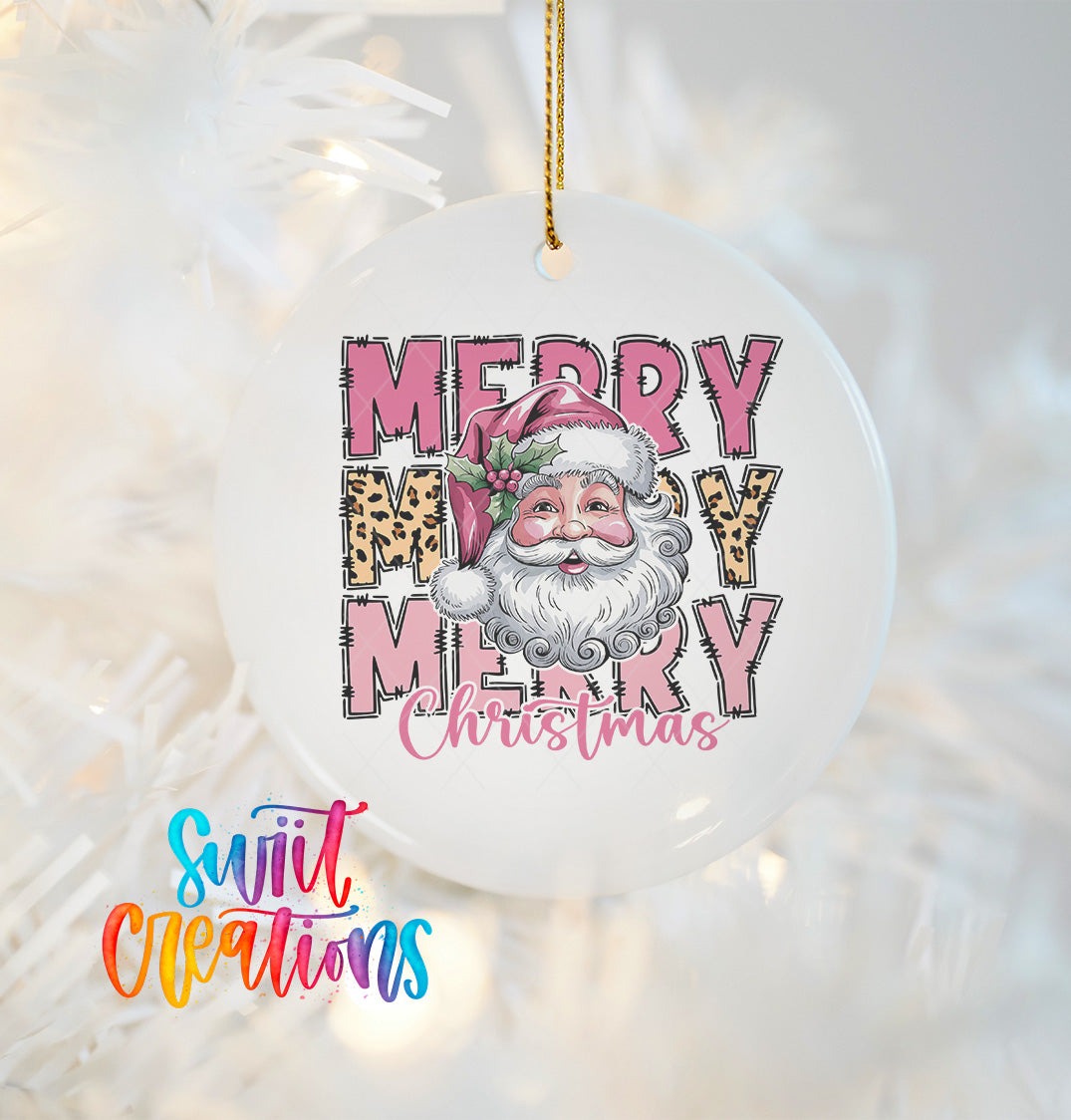 A white ornament with a Santa Claus face and the text "MERRY Merry Christmas" in pink and leopard print.