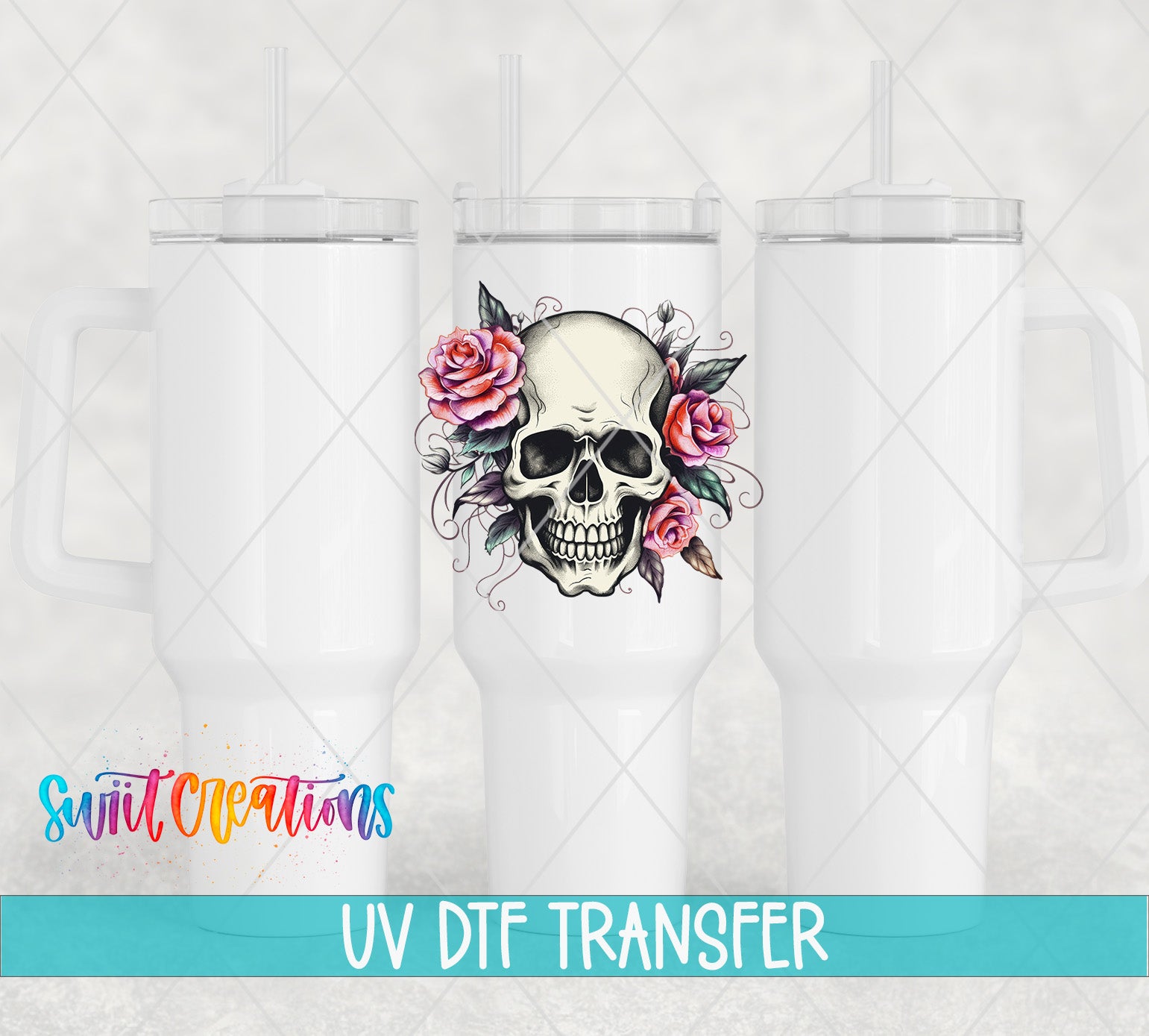 Swiit Creations UV DTF Pink Floral Skull transfer shown on a white tumbler set