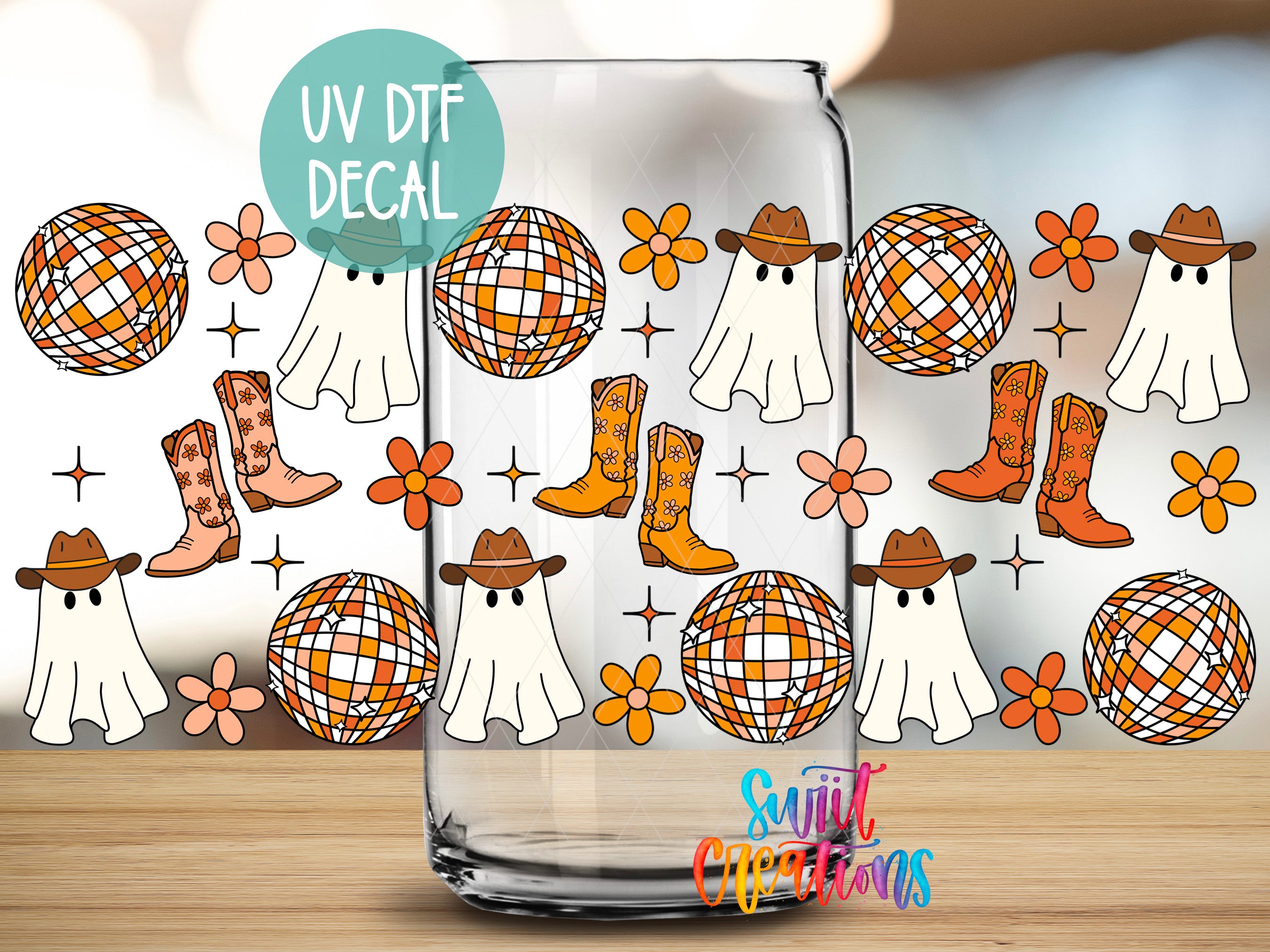 a glass jar with a collection of ghost-like figures and disco balls, along with cowboy boots and flowers, creating a whimsical and festive atmosphere.