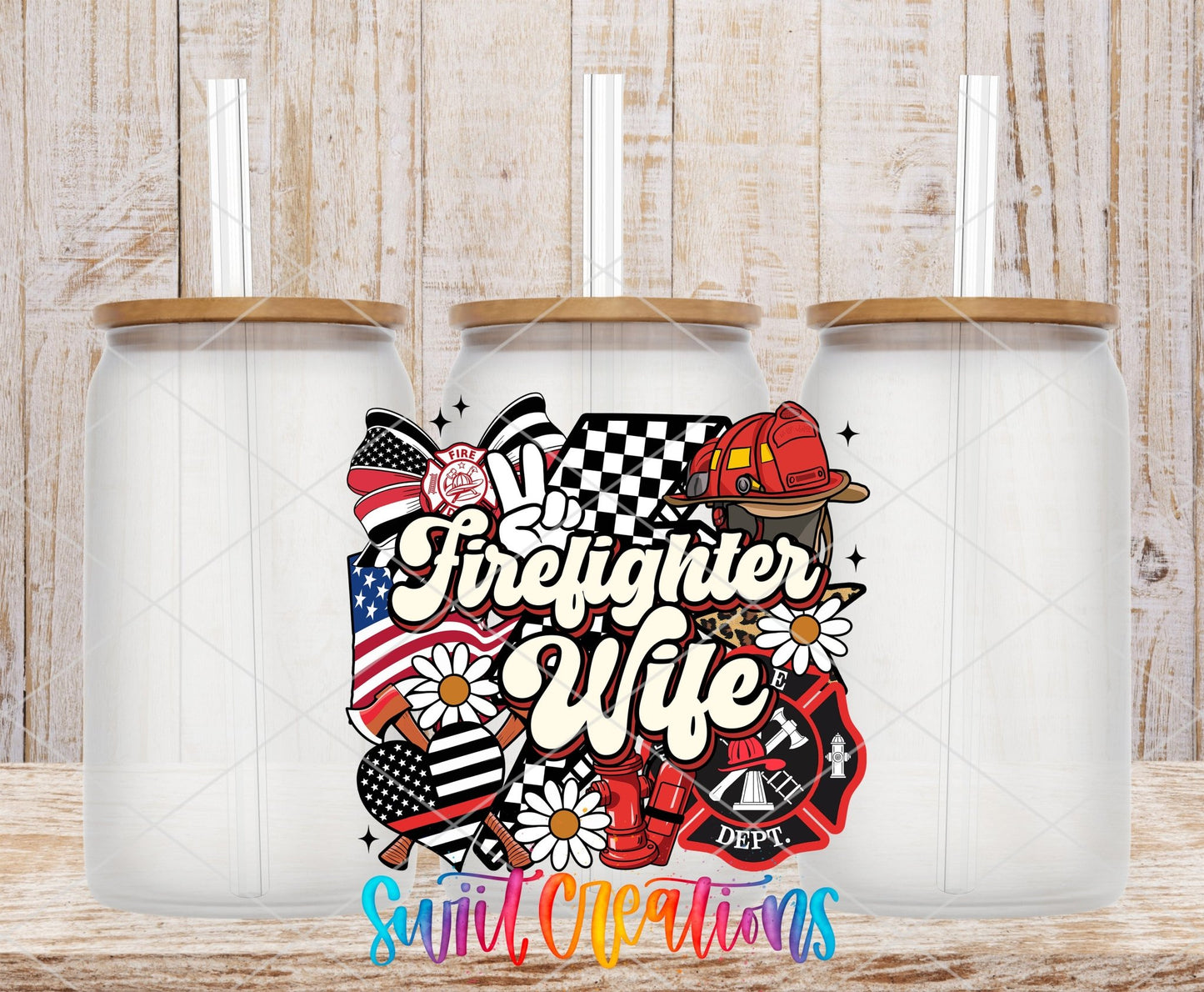 Firefighter Wife UV DTF transfer applied to a clear glass can set from Swiit Creations
