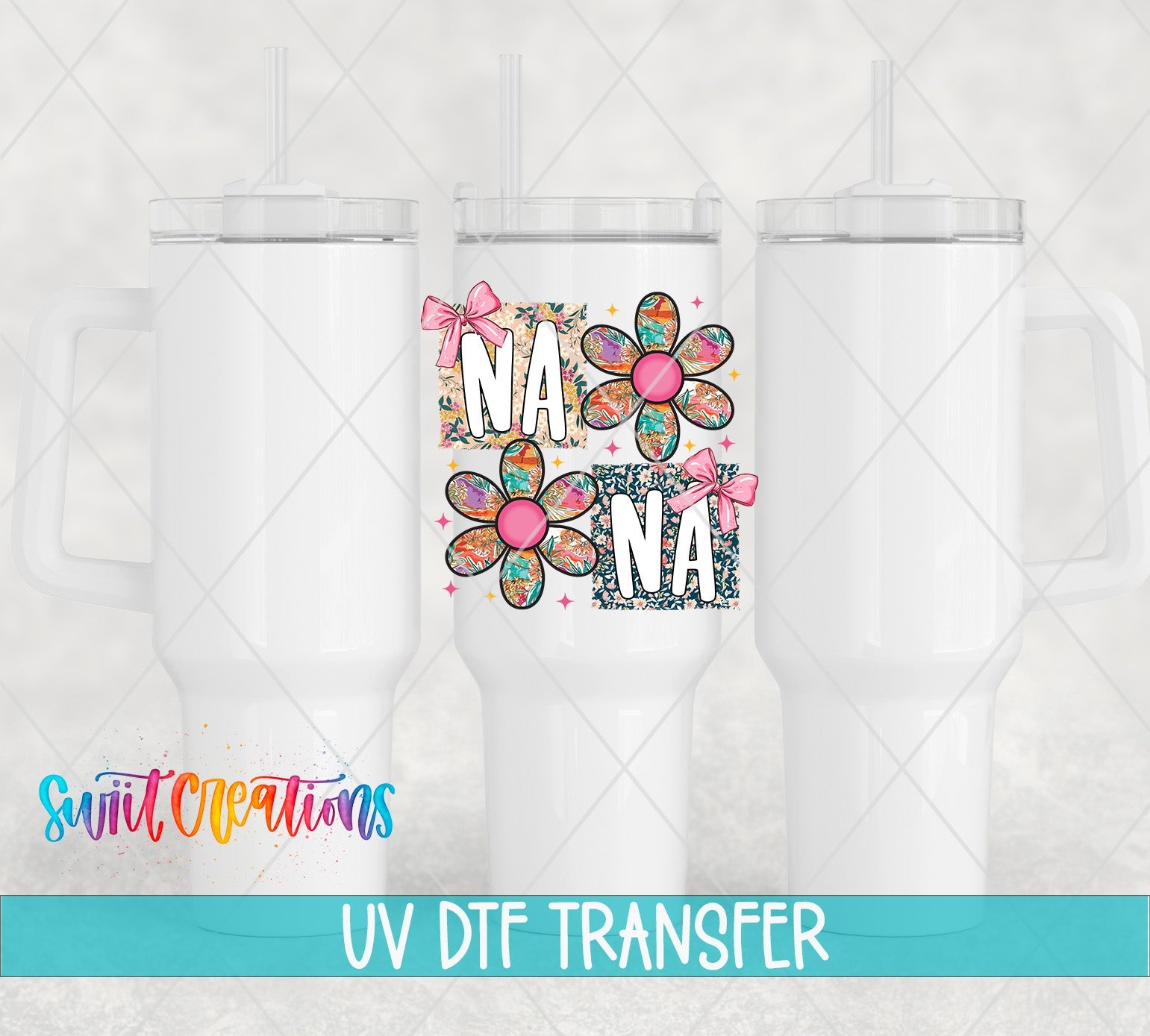 Floral Nana Bow UV DTF transfer applied to a white tumbler set from Swiit Creations
