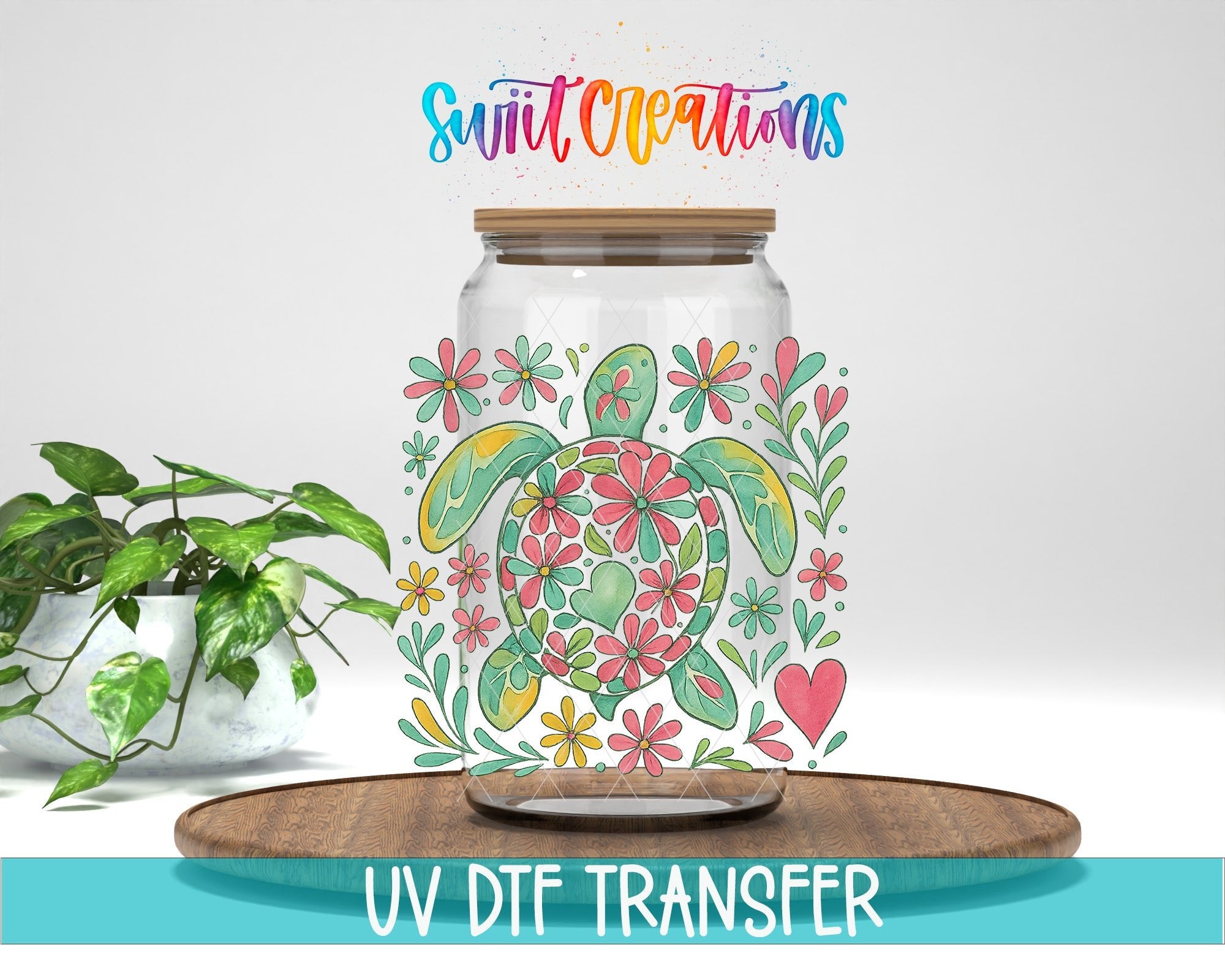 Floral Sea Turtle UV DTF transfer displayed on a clear jar mockup from Swiit Creations