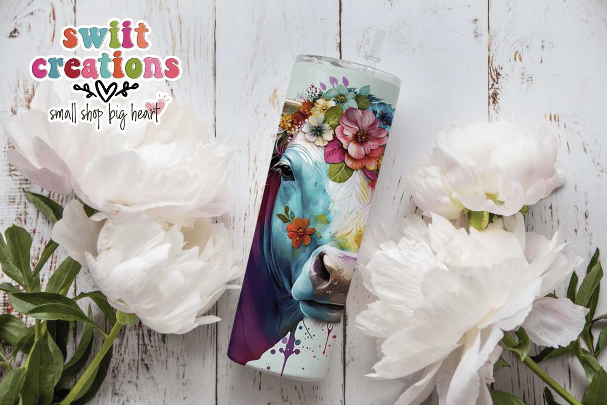 Floral Watercolor Cow Tumbler (T489) - Swiit Creations