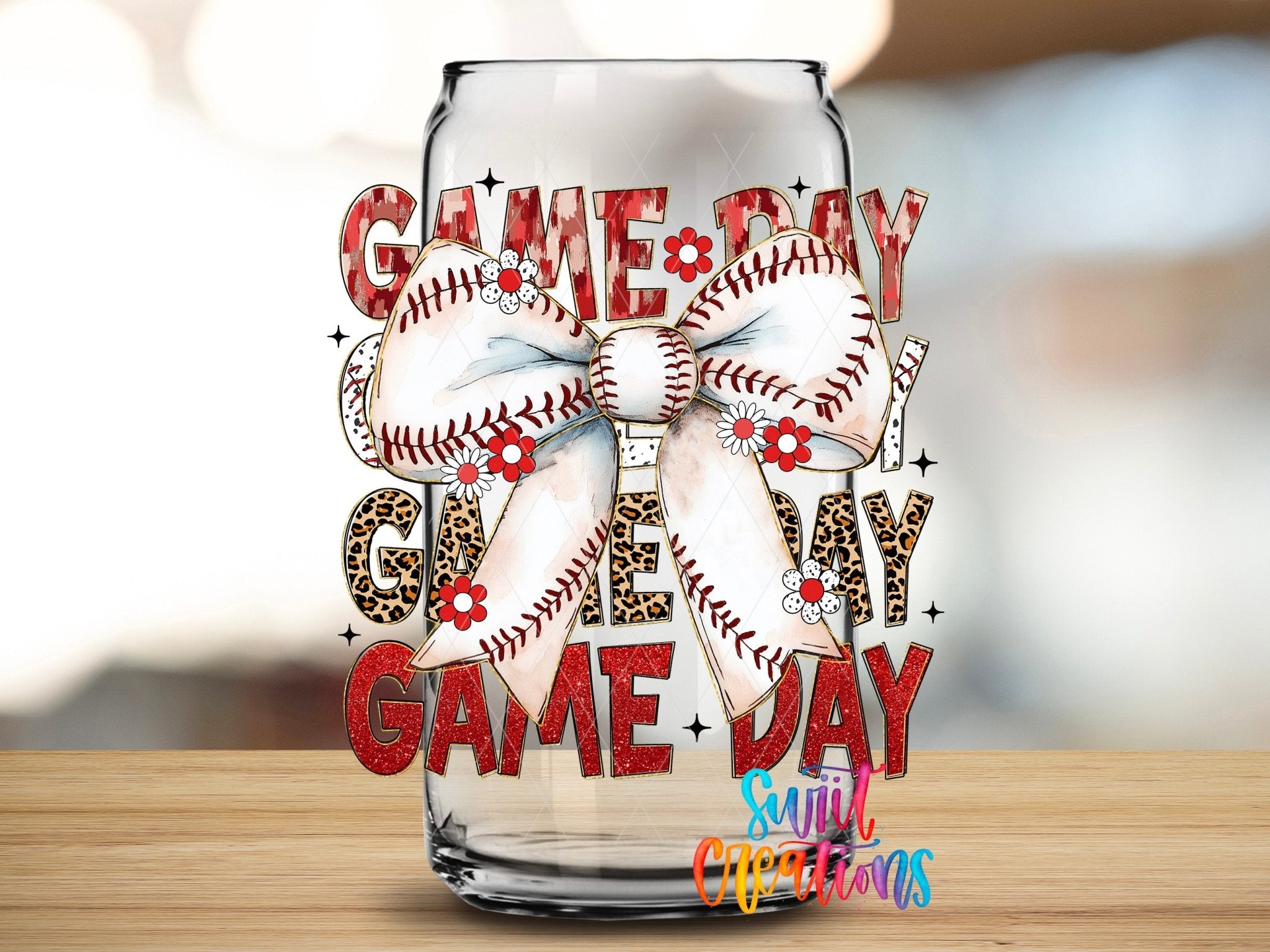 Game Day Baseball Croquette UV DTF transfer applied to a clear glass can from Swiit Creations