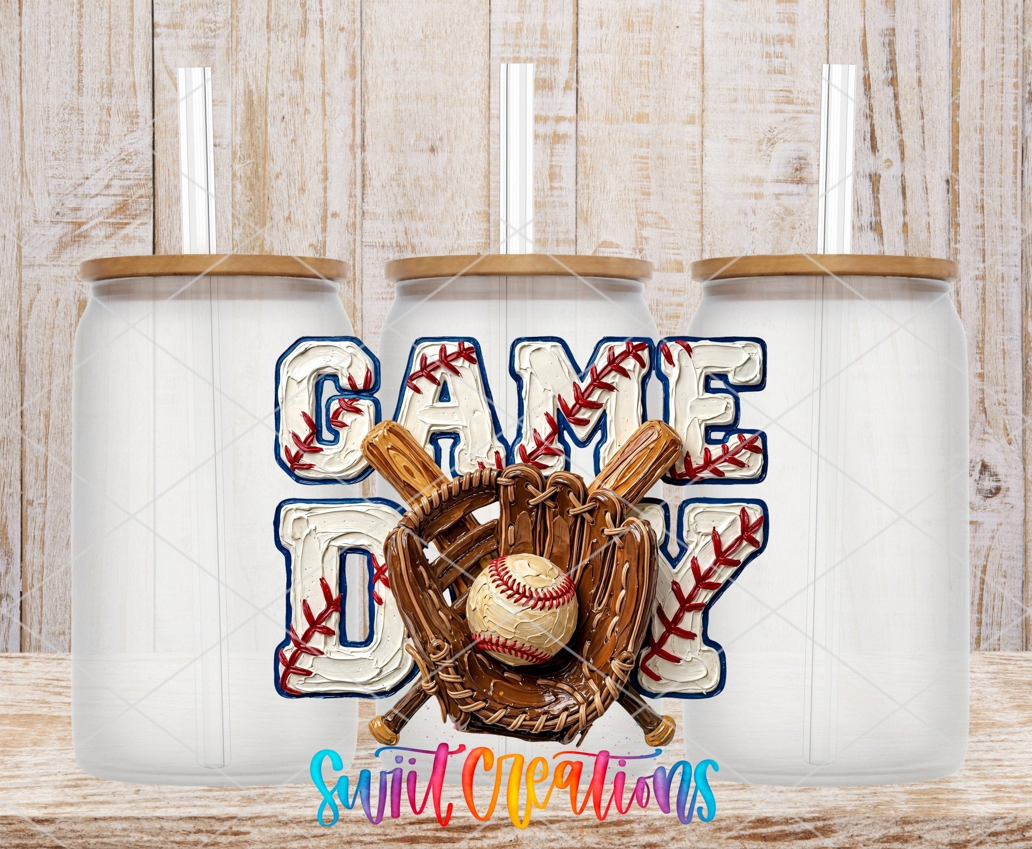 Game Day Baseball Sports UV DTF transfer applied to a clear glass can set from Swiit Creations