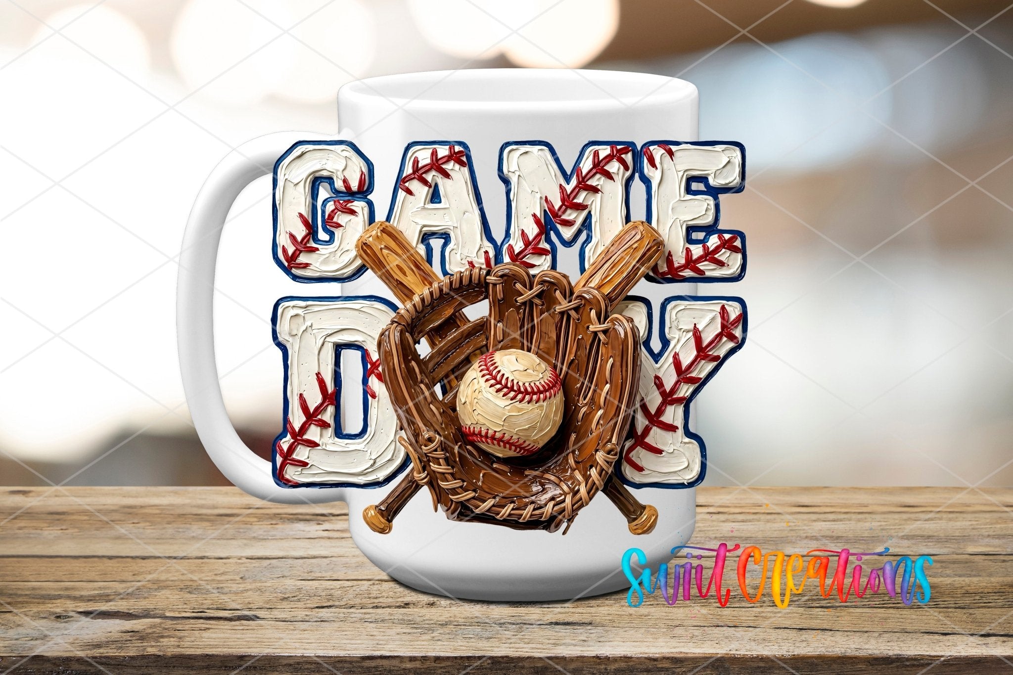 Game Day Baseball Sports UV DTF transfer displayed on a white ceramic mug from Swiit Creations