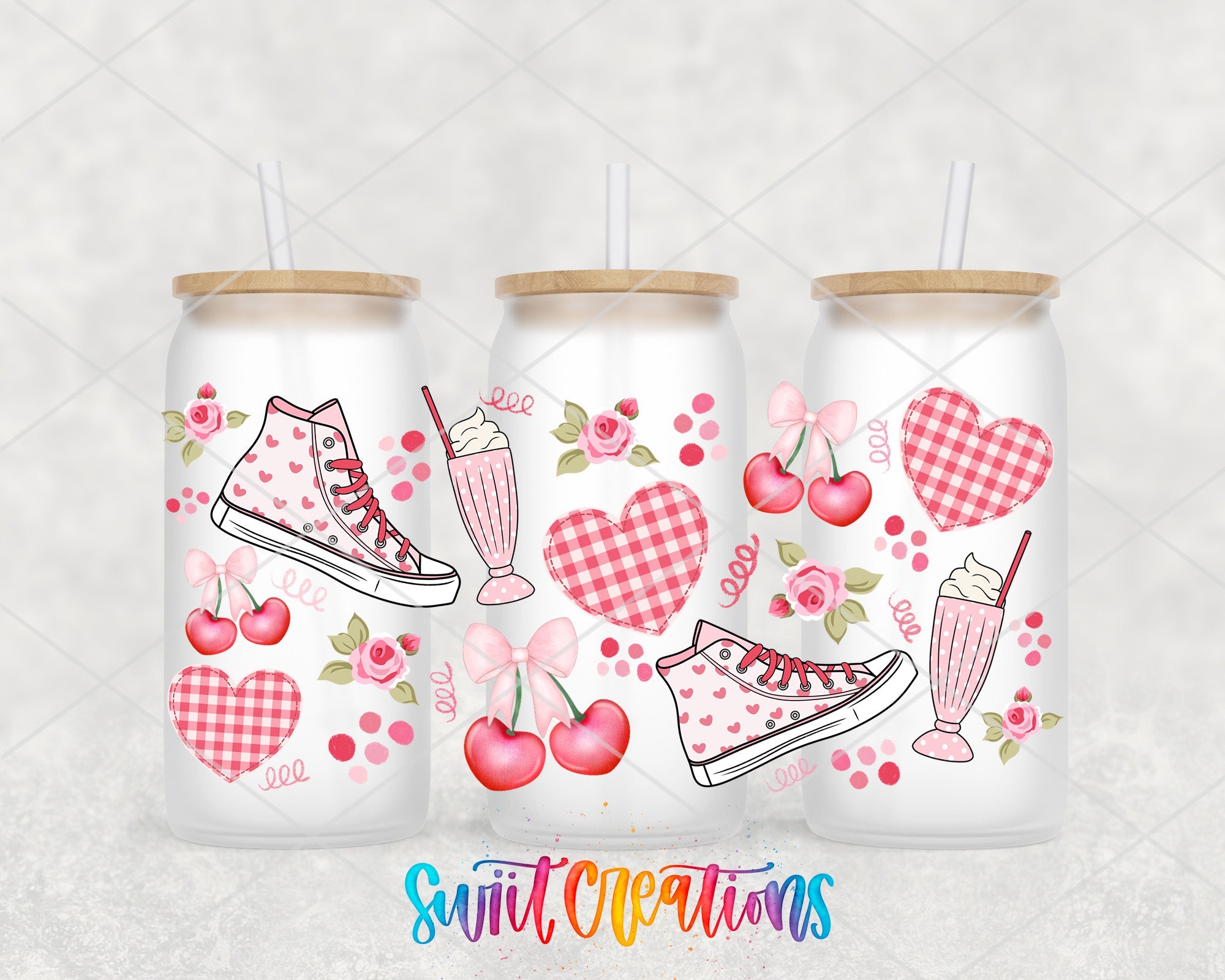 Gingham And Cherries UV DTF Transfer Tumbler Wrap | Pink Sneaker Heart Milkshake Cup Decal | DTF258 - Swiit Creations