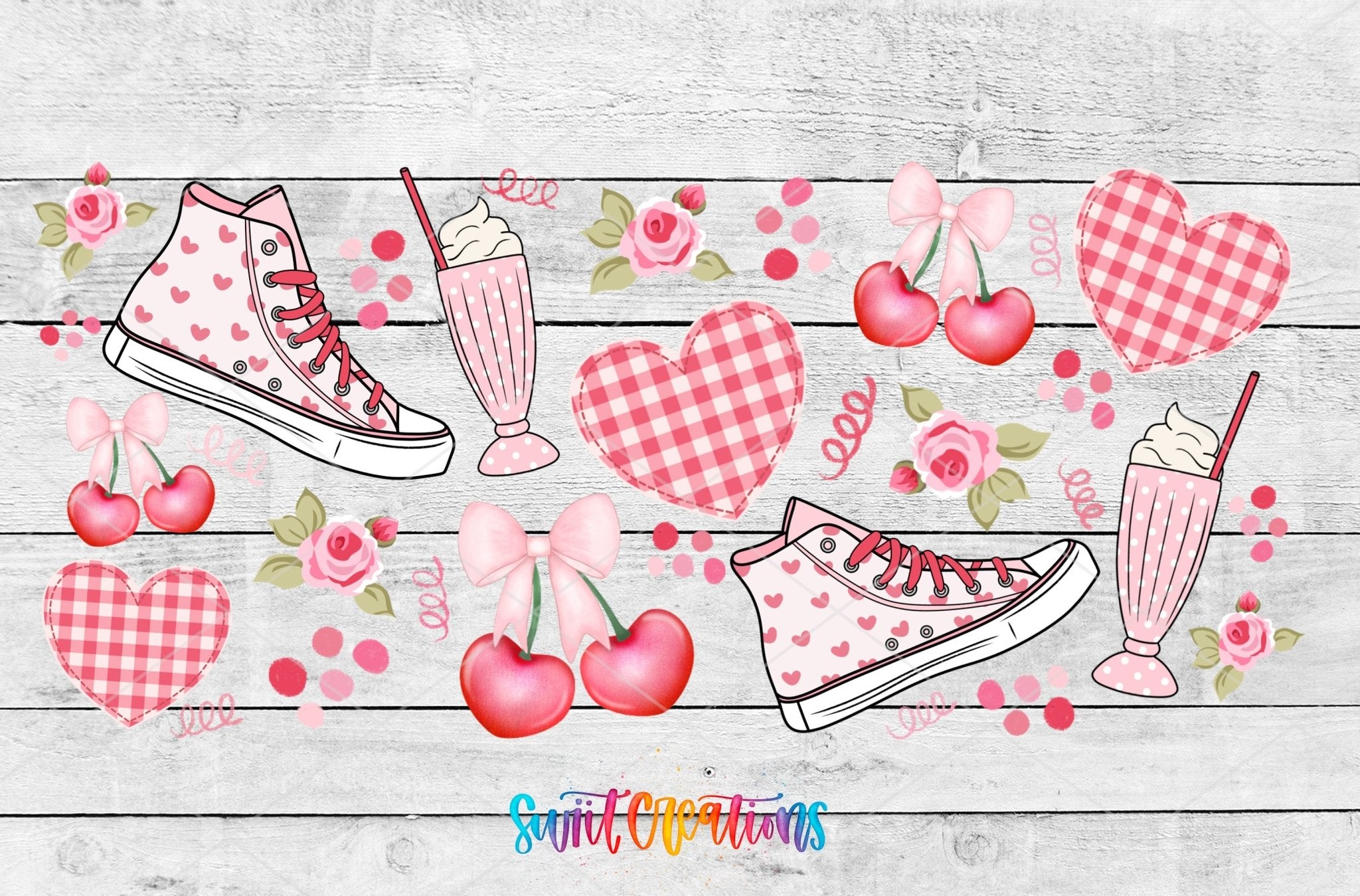 Gingham And Cherries UV DTF Transfer Tumbler Wrap | Pink Sneaker Heart Milkshake Cup Decal | DTF258 - Swiit Creations