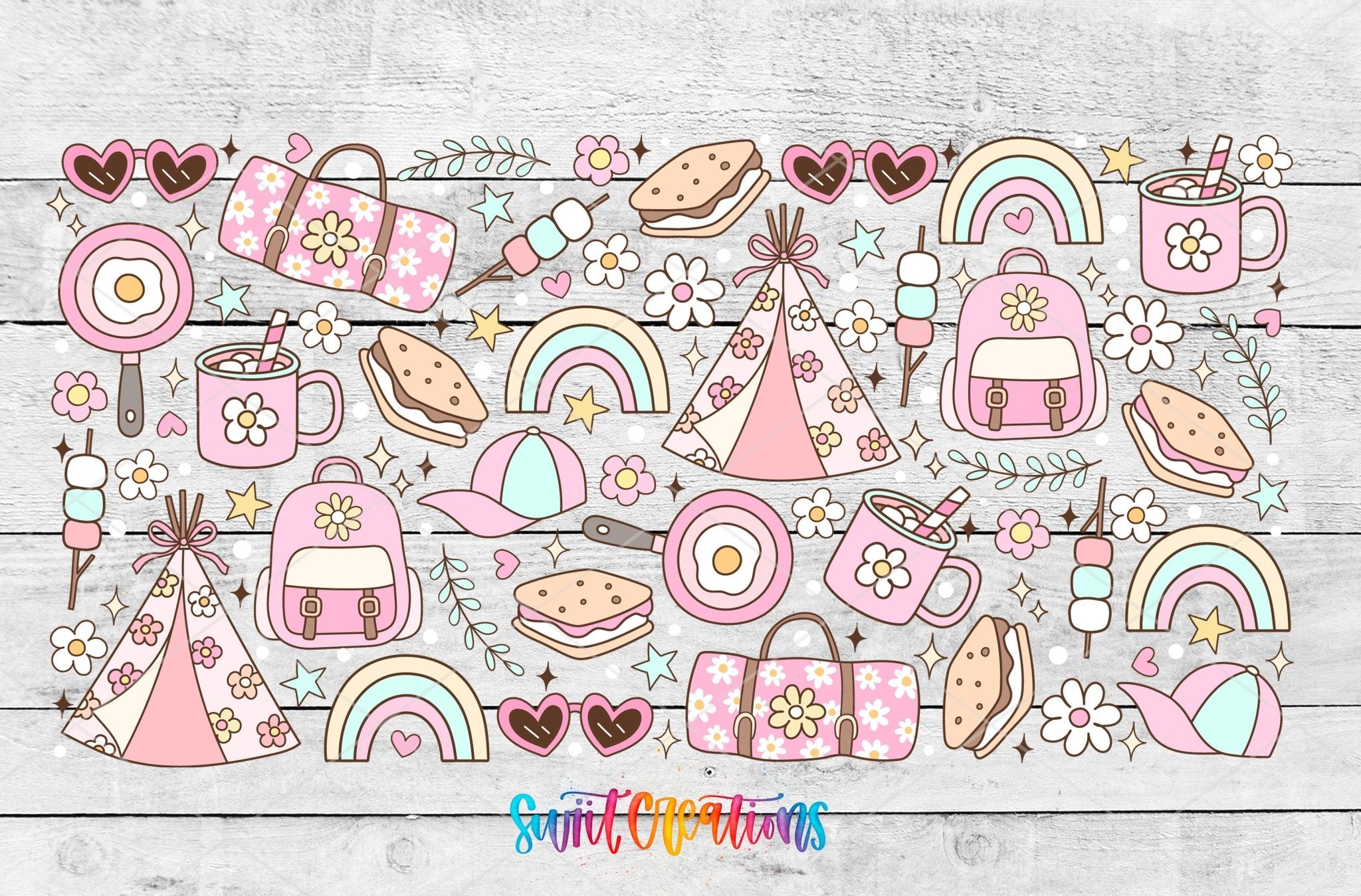 Girly Camping UV DTF Transfer Tumbler Wrap | Pink Rainbow Tent Backpack Cup Decal | DTF264 - Swiit Creations