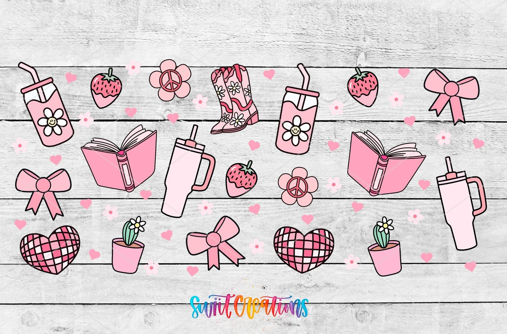 Girly Pink UV DTF Transfer Tumbler Wrap | Bow Boot Book Strawberry Cup Decal | DTF259 - Swiit Creations