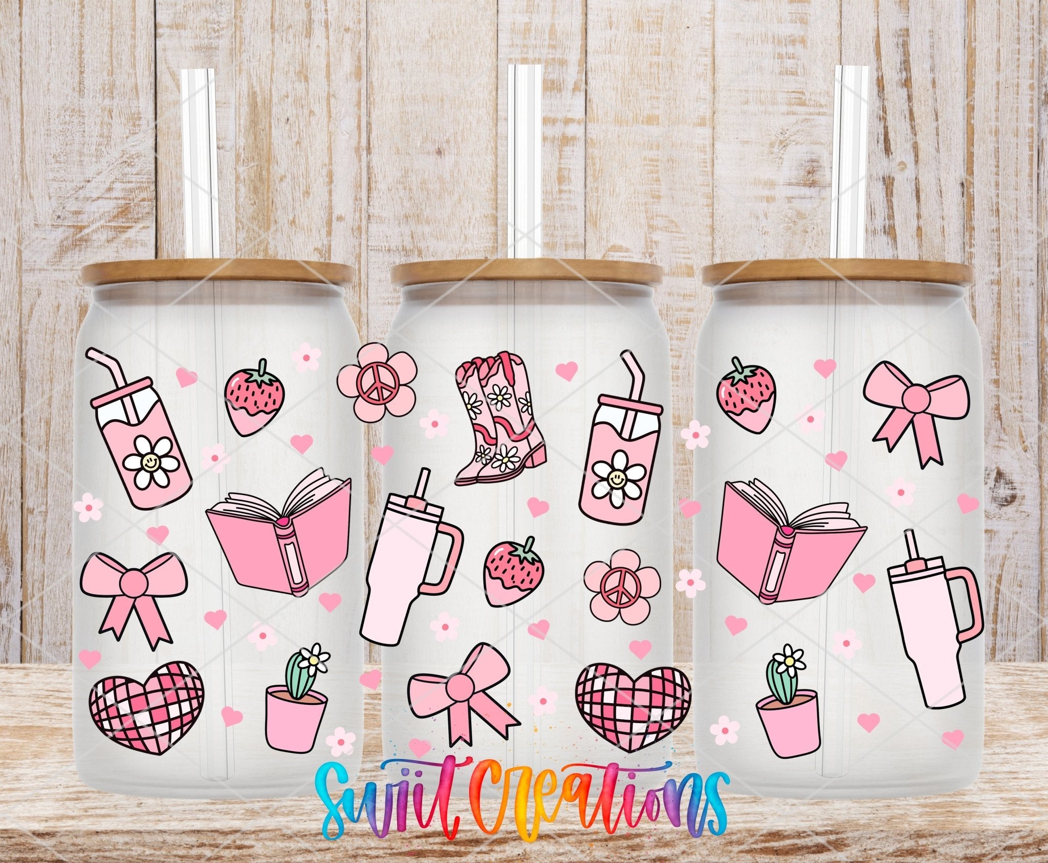 Girly Pink UV DTF Transfer Tumbler Wrap | Bow Boot Book Strawberry Cup Decal | DTF259 - Swiit Creations