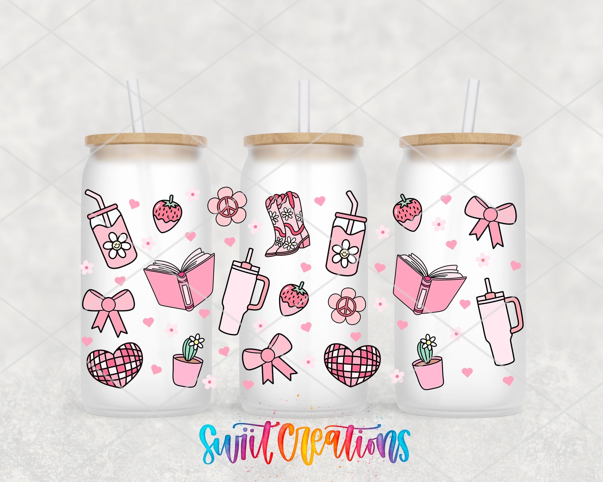 Girly Pink UV DTF Transfer Tumbler Wrap | Bow Boot Book Strawberry Cup Decal | DTF259 - Swiit Creations