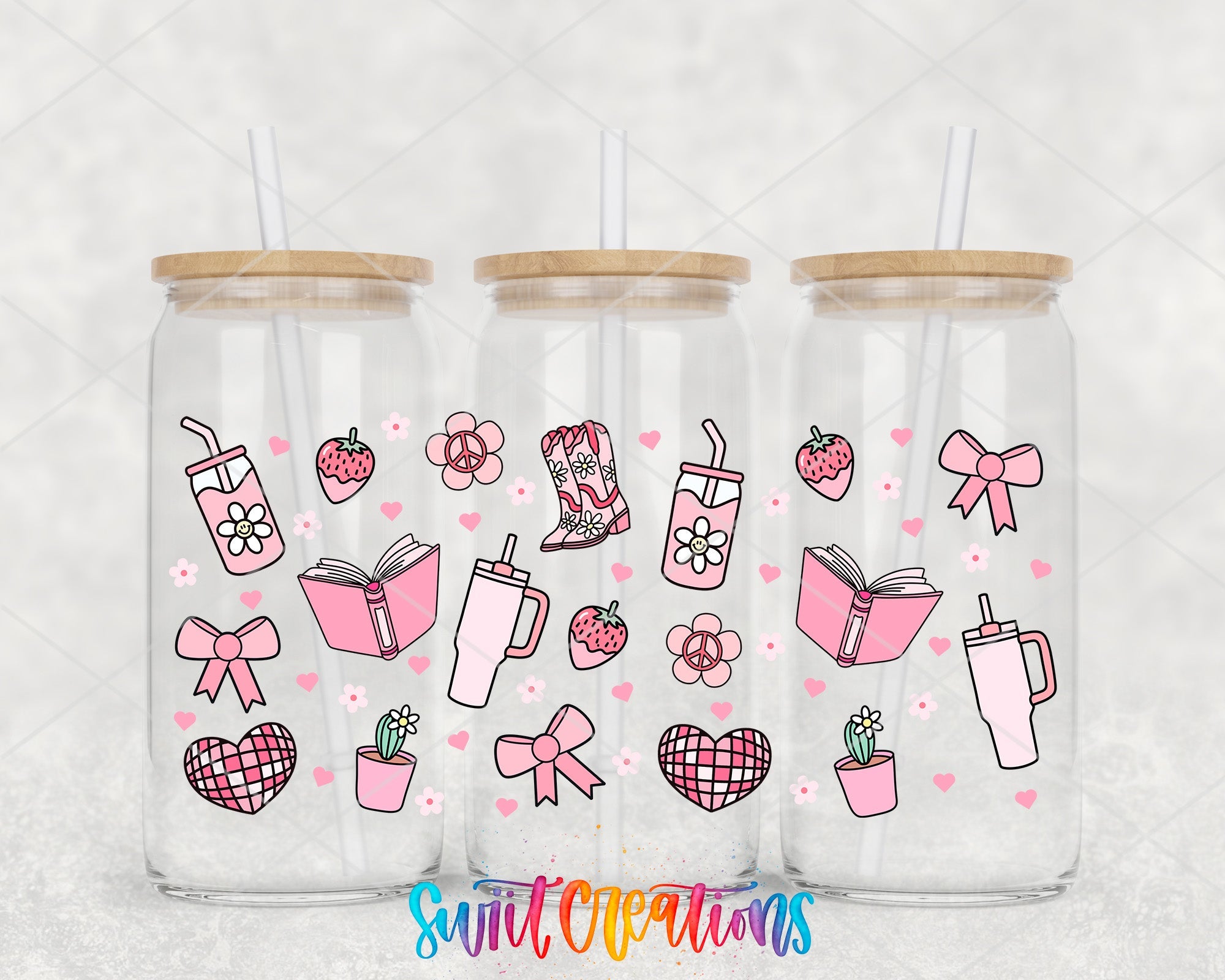 Girly Pink UV DTF Transfer Tumbler Wrap | Bow Boot Book Strawberry Cup Decal | DTF259 - Swiit Creations