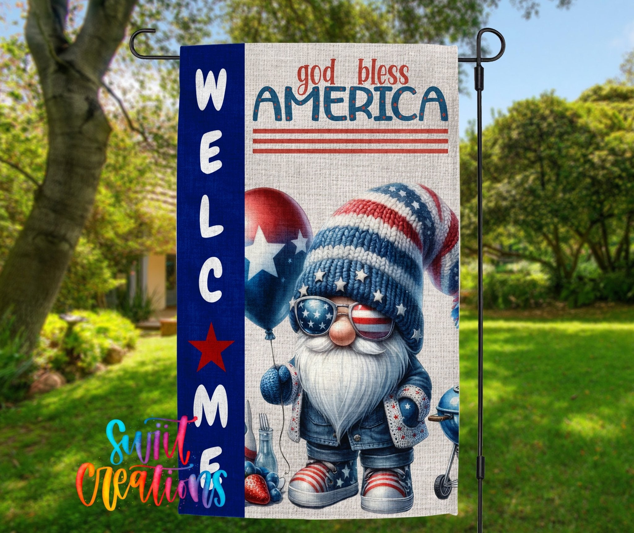 God Bless America Yard Flag | Patriotic Gnome Garden Flag with USA Colors | Fourth of July Porch Decor | YF83 - Swiit Creations