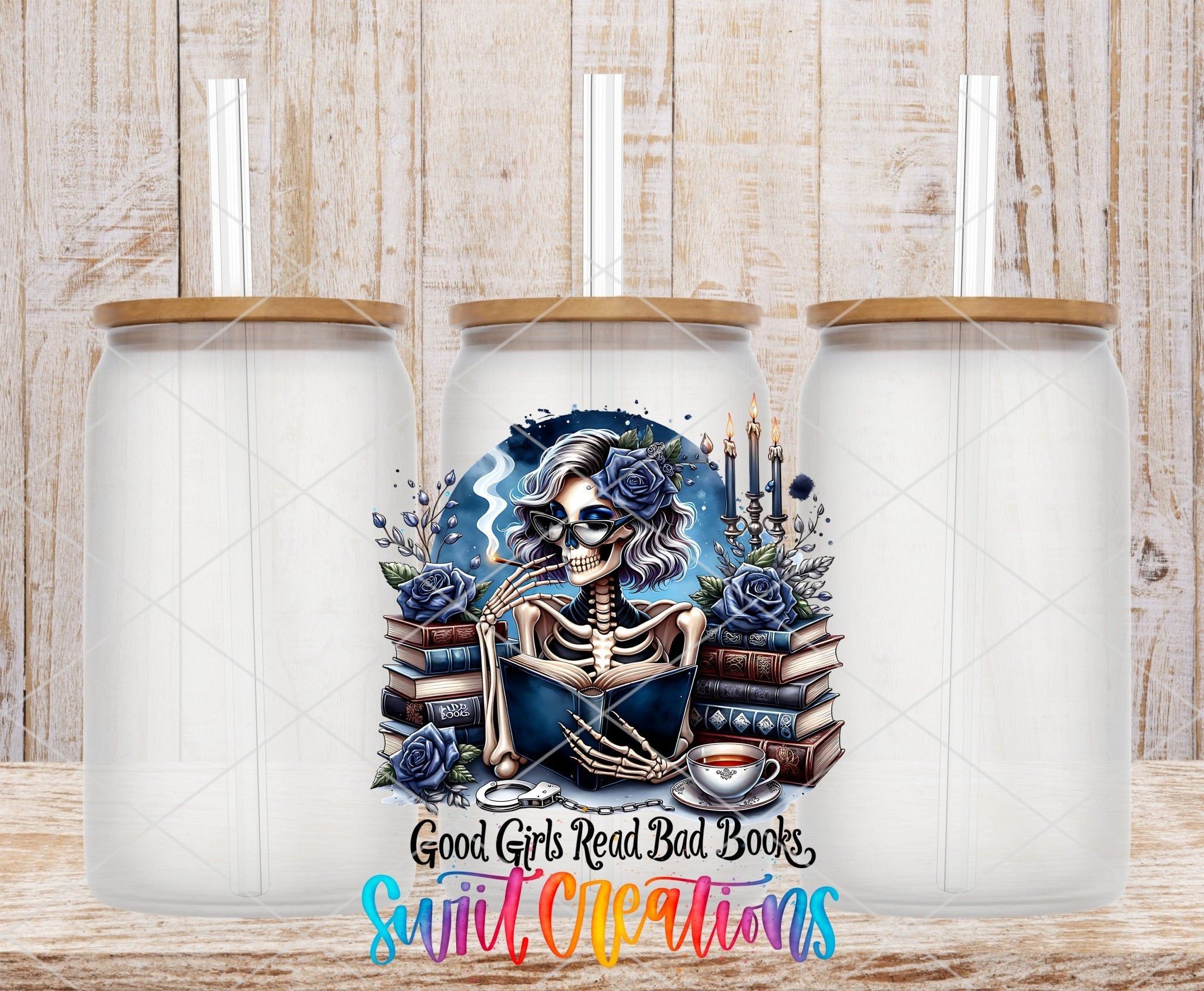 Good Girls Read Bad Books UV DTF transfer applied to a clear glass can set from Swiit Creations