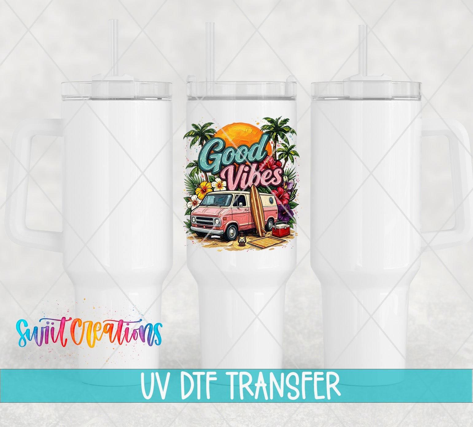 Good Vibes Beach Van Summer UV DTF transfer applied to a white tumbler set from Swiit Creations