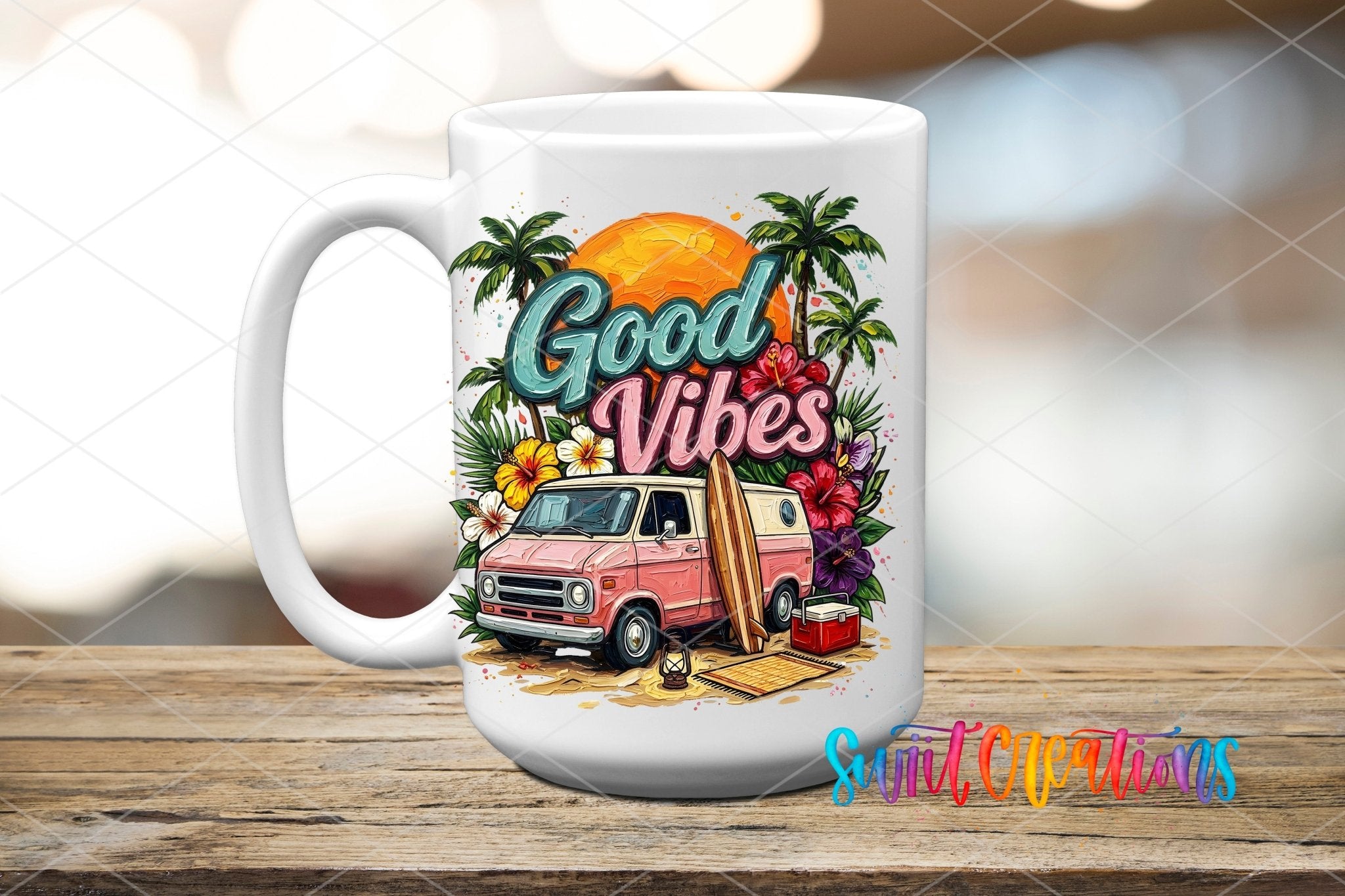 Good Vibes Beach Van Summer UV DTF transfer displayed on a white ceramic mug from Swiit Creations