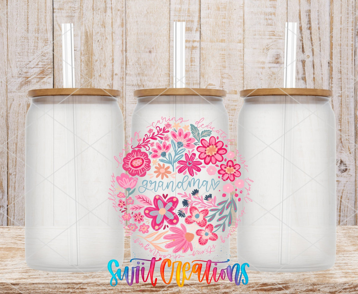 Grandma pink floral circle UV DTF transfer on frosted glass cans with bamboo lids