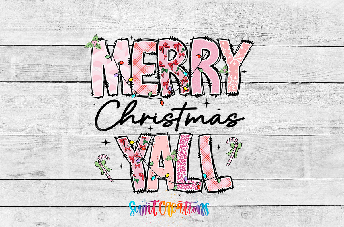 Merry Christmas Yall Pink artwork detail for the finished 16 oz tumbler