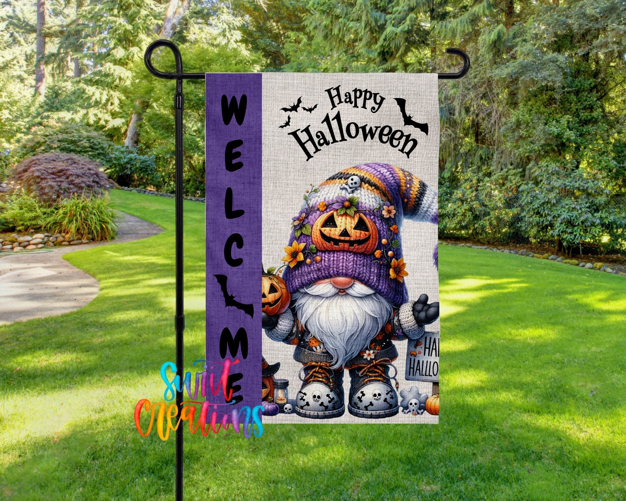 Happy Halloween Yard Flag | Adorable Gnome Halloween Garden Flag with Pumpkins, Bats, & Skulls | Outdoor Decor | YF86 - Swiit Creations