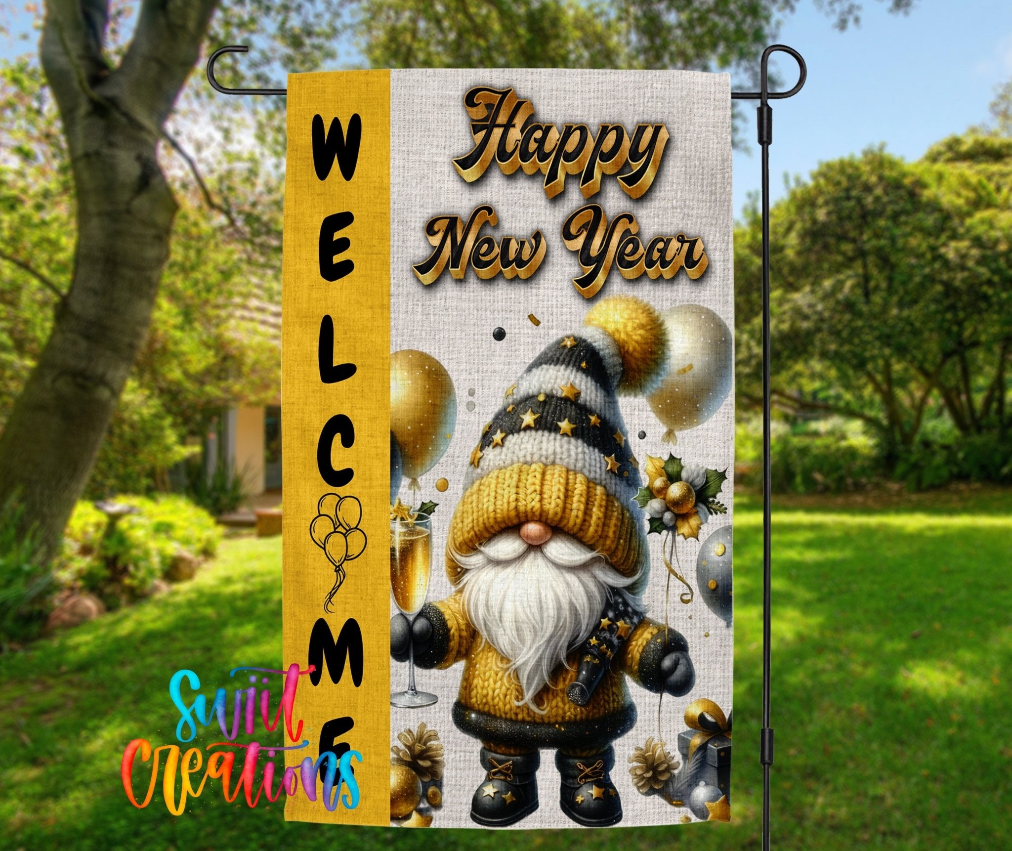 Happy New Year Yard Flag | Gnome Garden Flag | Gold Black Holiday Decor | YF76 - Swiit Creations