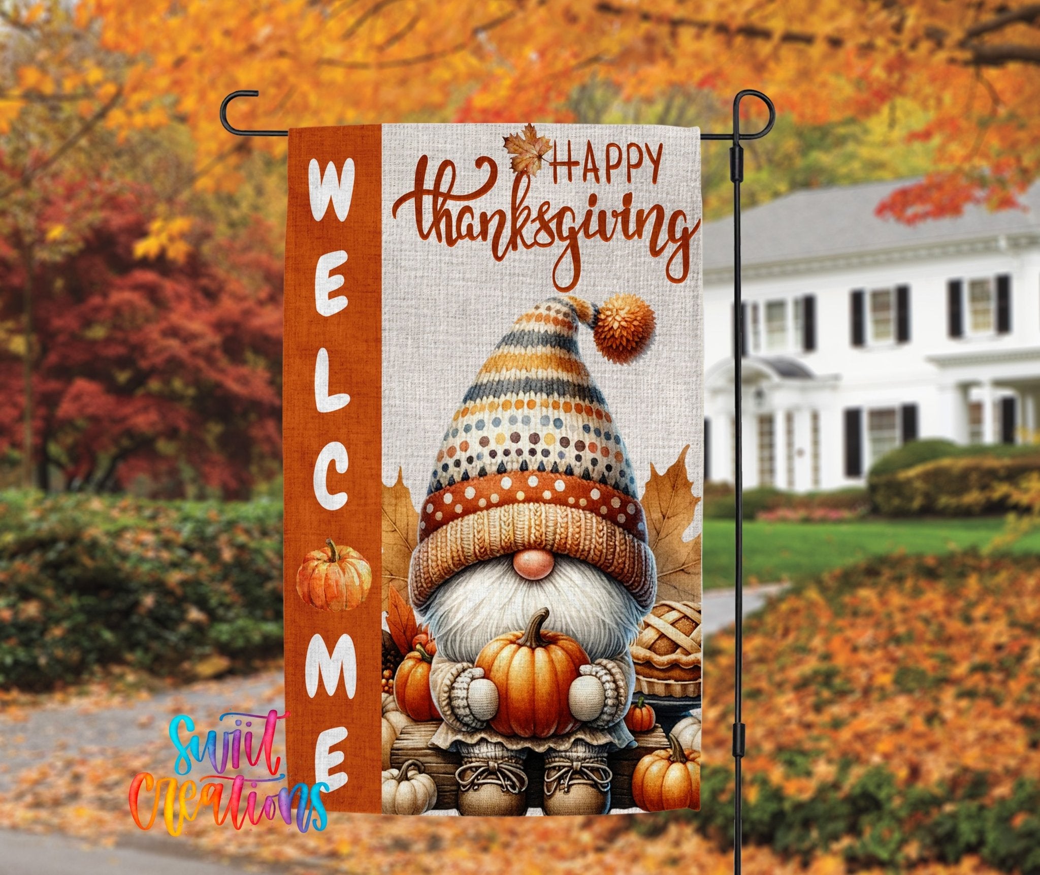 Happy Thanksgiving Yard Flag | Fall Gnome Garden Flag with Pumpkins | Cute Outdoor Autumn Decor | YF80 - Swiit Creations