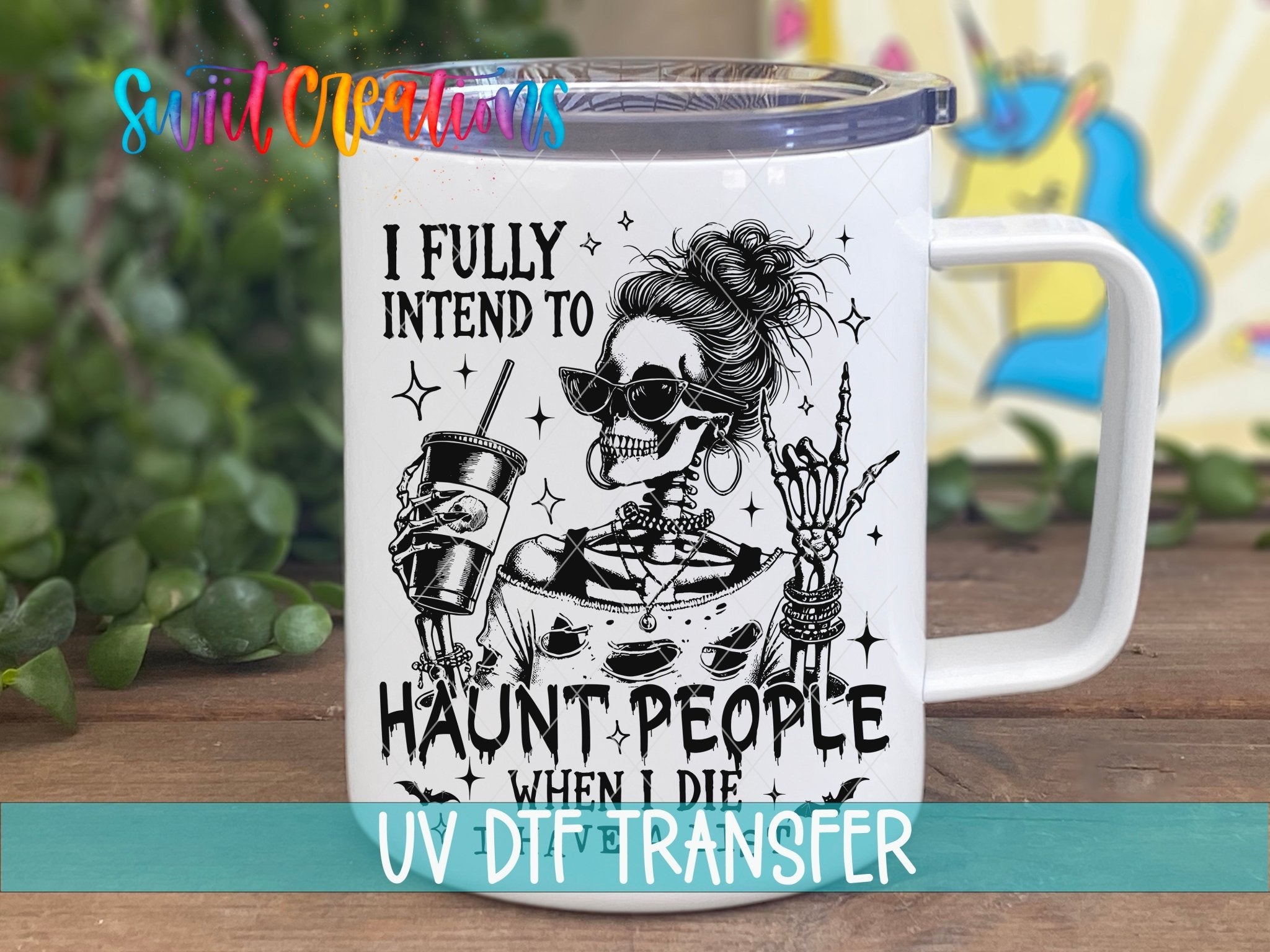 Haunt People Skeleton UV DTF transfer displayed on a white coffee mug from Swiit Creations