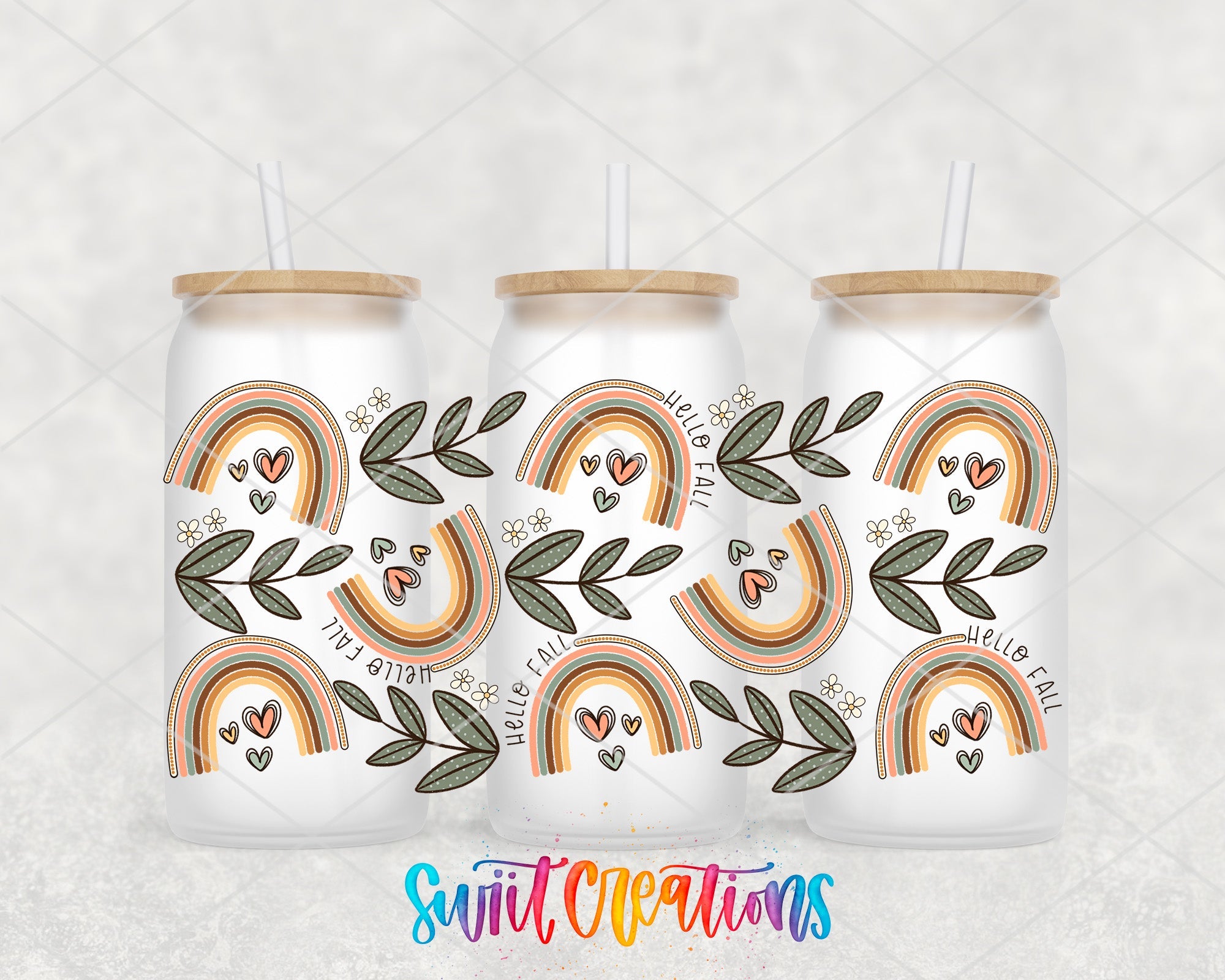 Hello Fall UV DTF Transfer Tumbler Wrap | Boho Rainbow Leaf Autumn Cup Decal | DTF271 - Swiit Creations