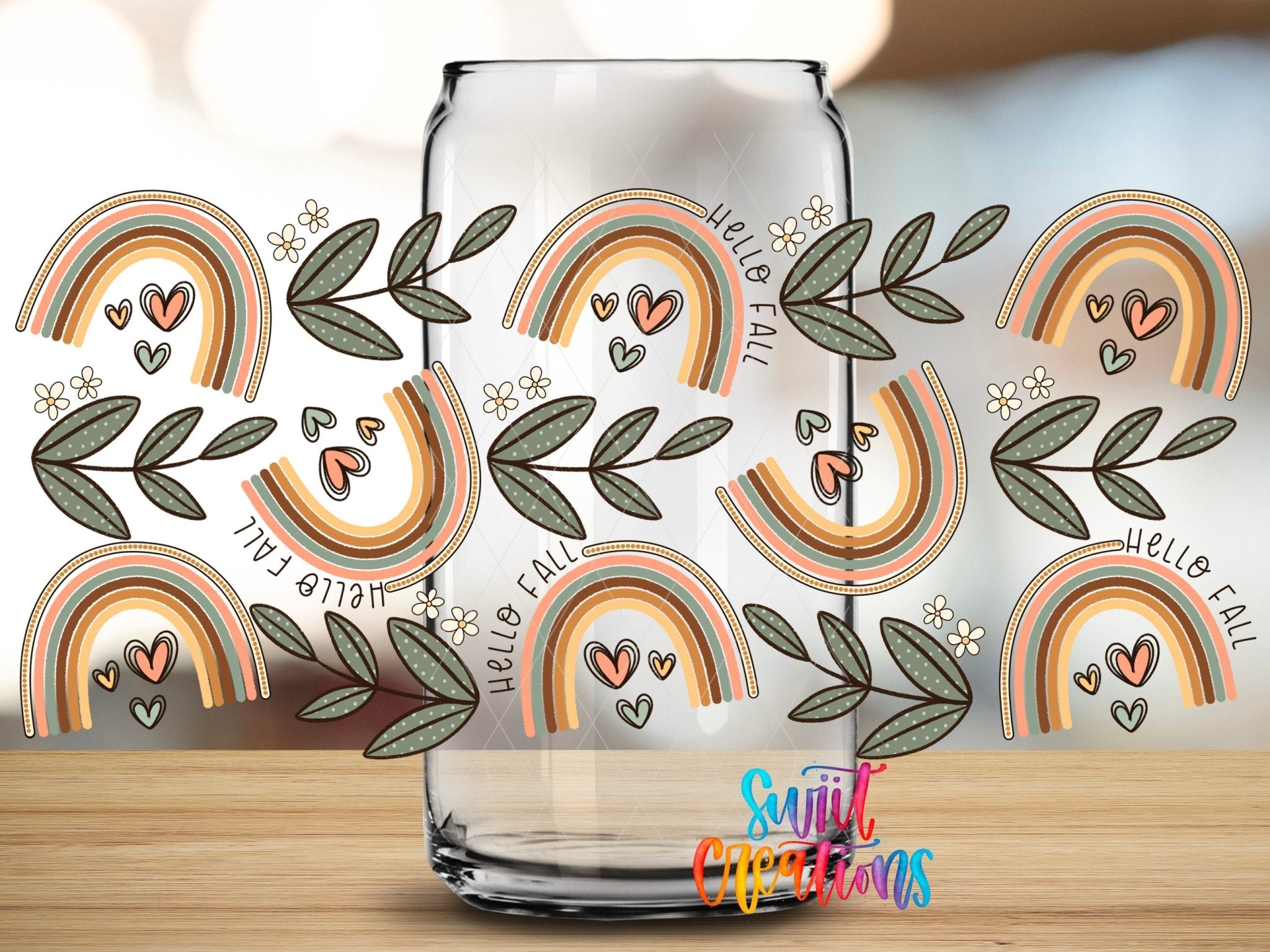 Hello Fall UV DTF Transfer Tumbler Wrap | Boho Rainbow Leaf Autumn Cup Decal | DTF271 - Swiit Creations