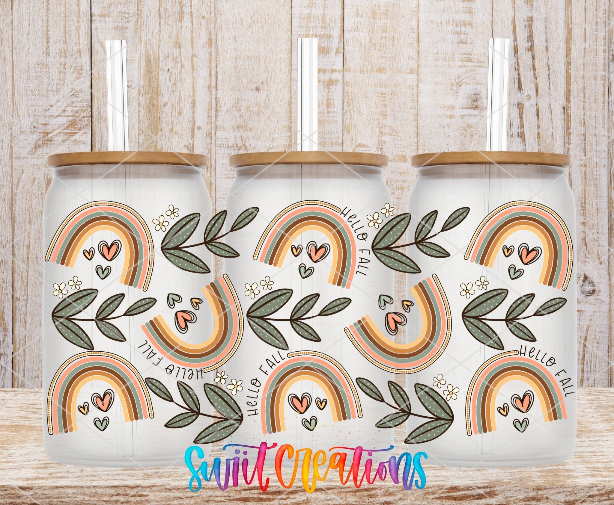 Hello Fall UV DTF Transfer Tumbler Wrap | Boho Rainbow Leaf Autumn Cup Decal | DTF271 - Swiit Creations