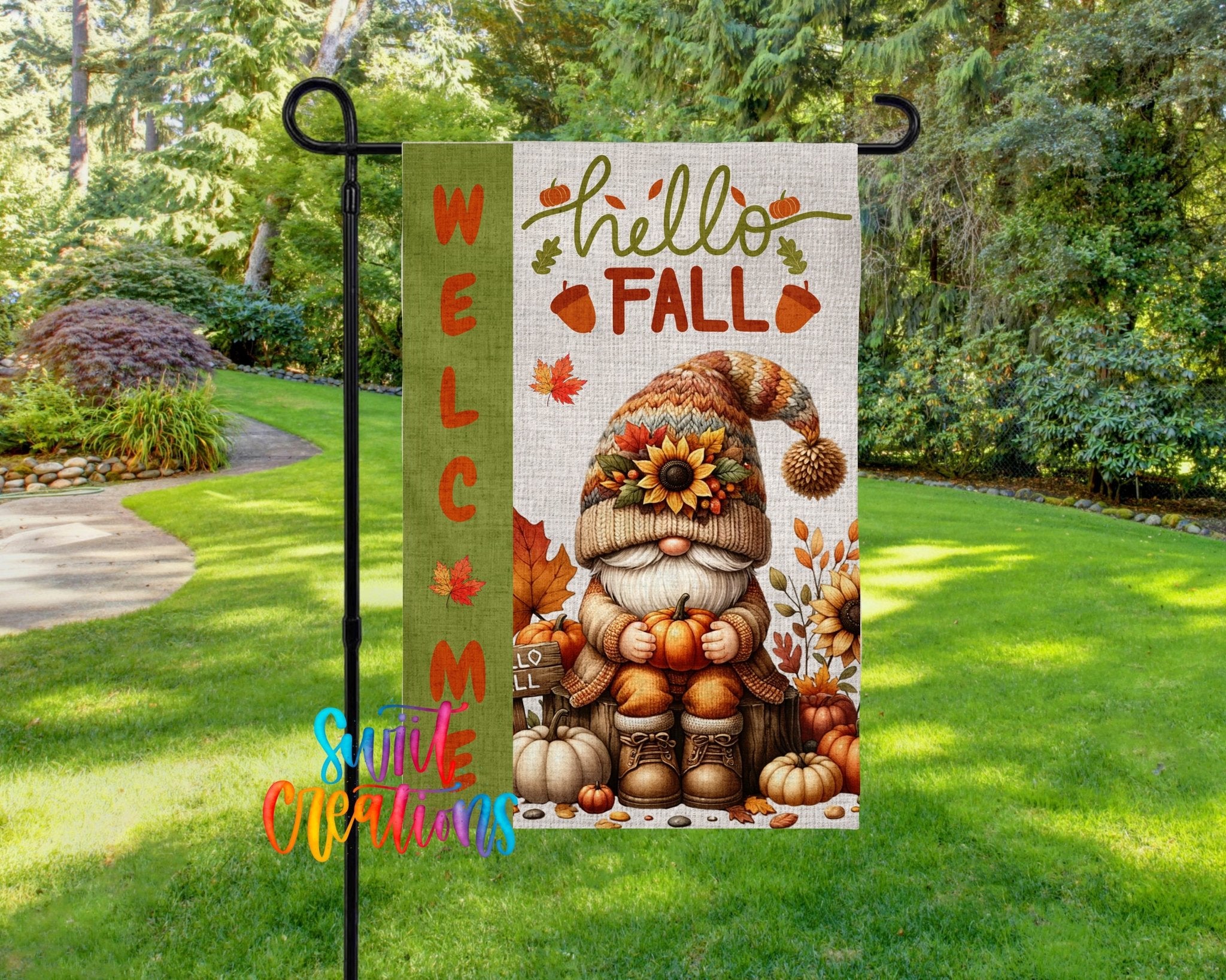 Hello Fall Yard Flag | Adorable Gnome Autumn Garden Flag with Pumpkins and Sunflowers | Outdoor Porch Decor | YF85 - Swiit Creations