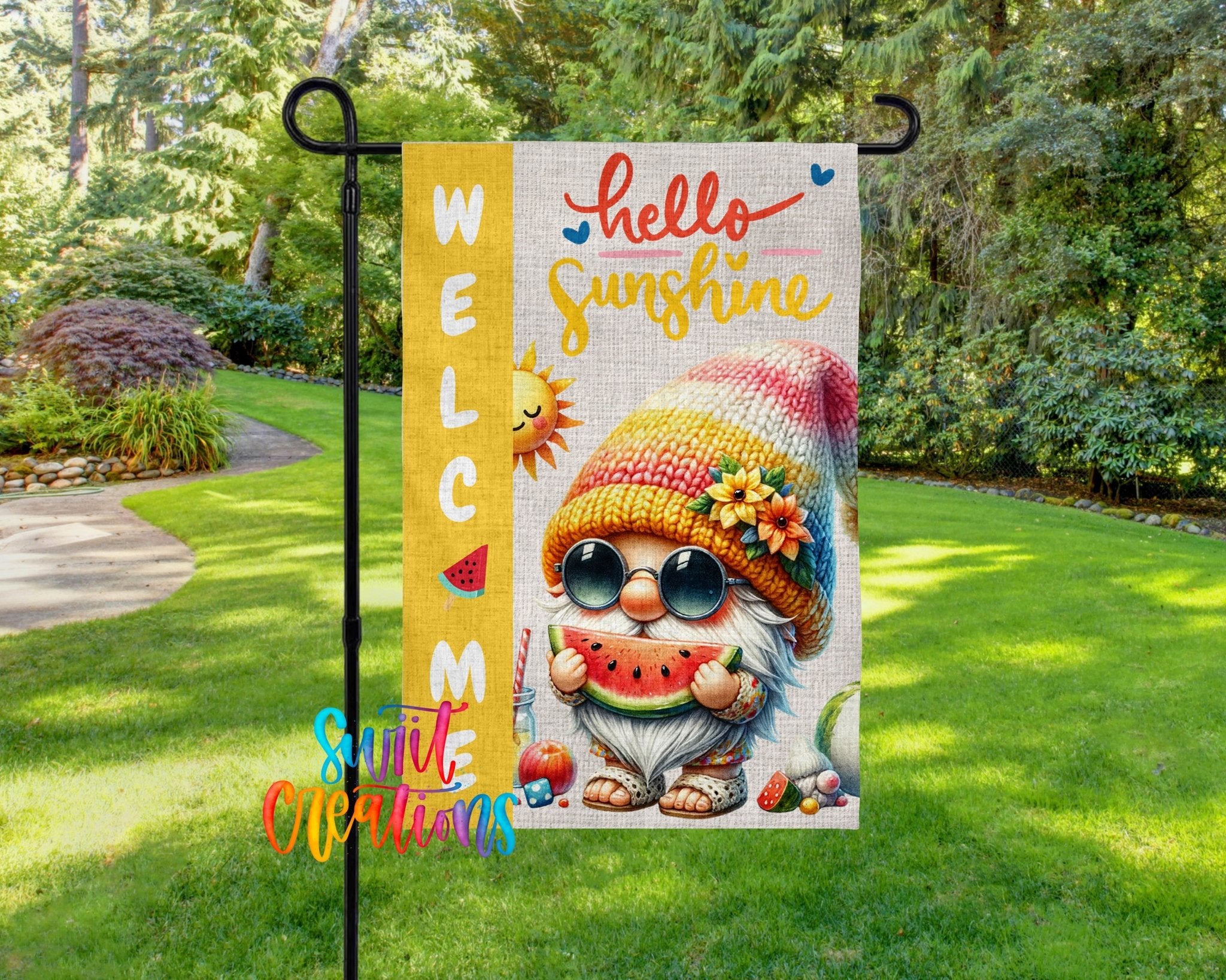 Hello Sunshine Summer Gnome Yard Flag with Watermelon | Colorful Garden Patio Decoration | Cute Outdoor Welcome Banner | YF79 - Swiit Creations