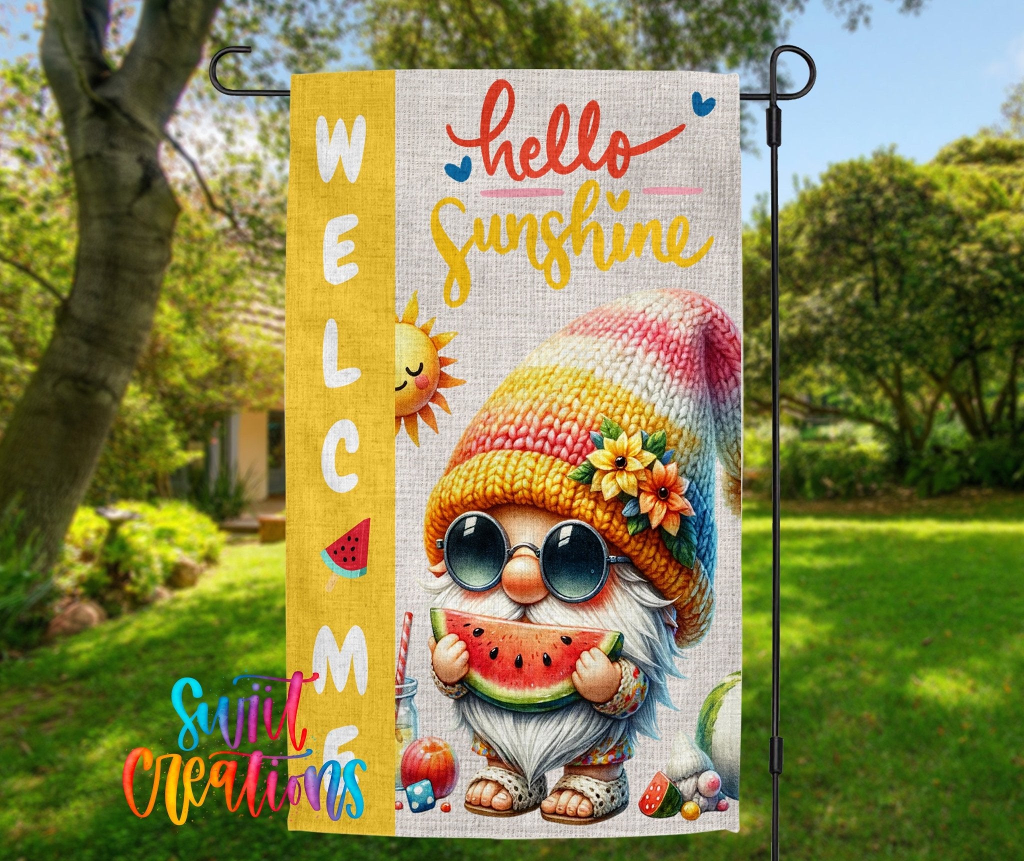Hello Sunshine Summer Gnome Yard Flag with Watermelon | Colorful Garden Patio Decoration | Cute Outdoor Welcome Banner | YF79 - Swiit Creations