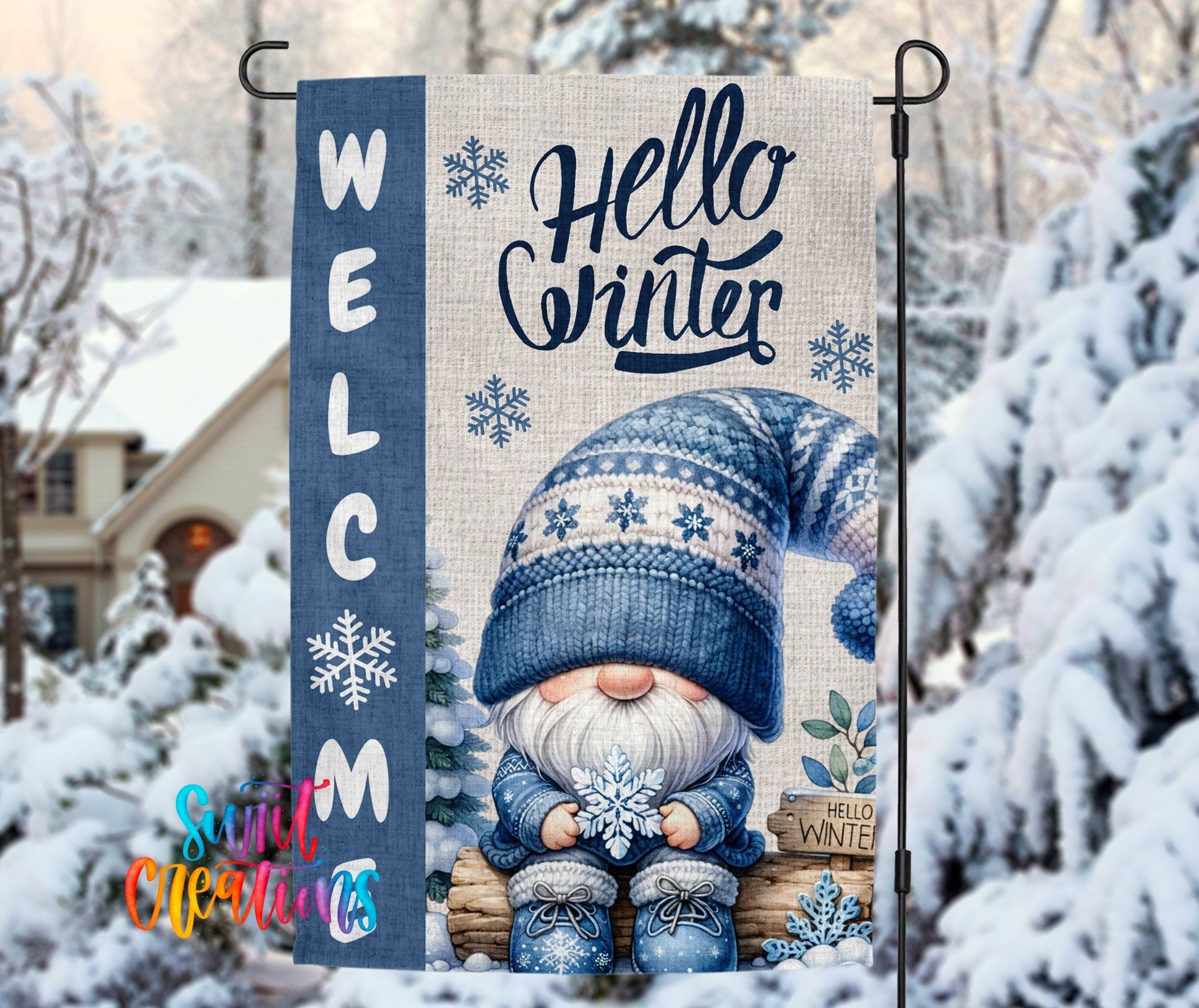 Hello Winter Yard Flag | Cute Gnome Winter Garden Flag with Snowflakes | Outdoor Holiday Porch Decor | YF82 - Swiit Creations