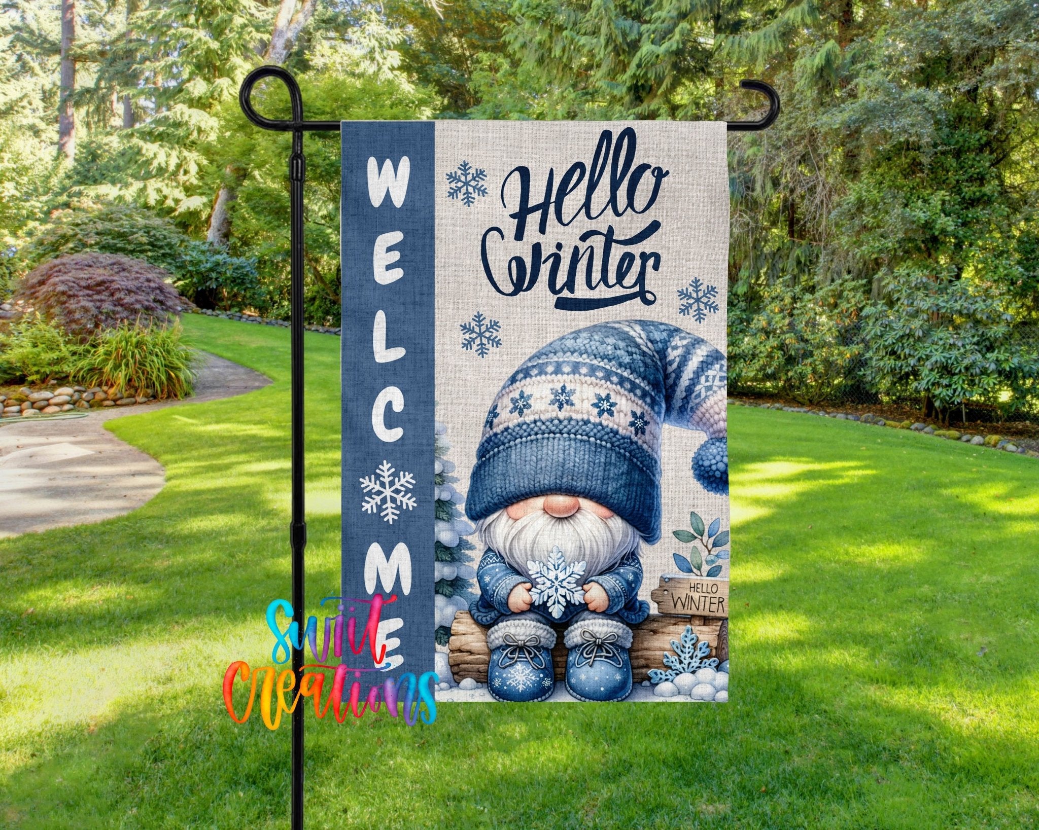 Hello Winter Yard Flag | Cute Gnome Winter Garden Flag with Snowflakes | Outdoor Holiday Porch Decor | YF82 - Swiit Creations