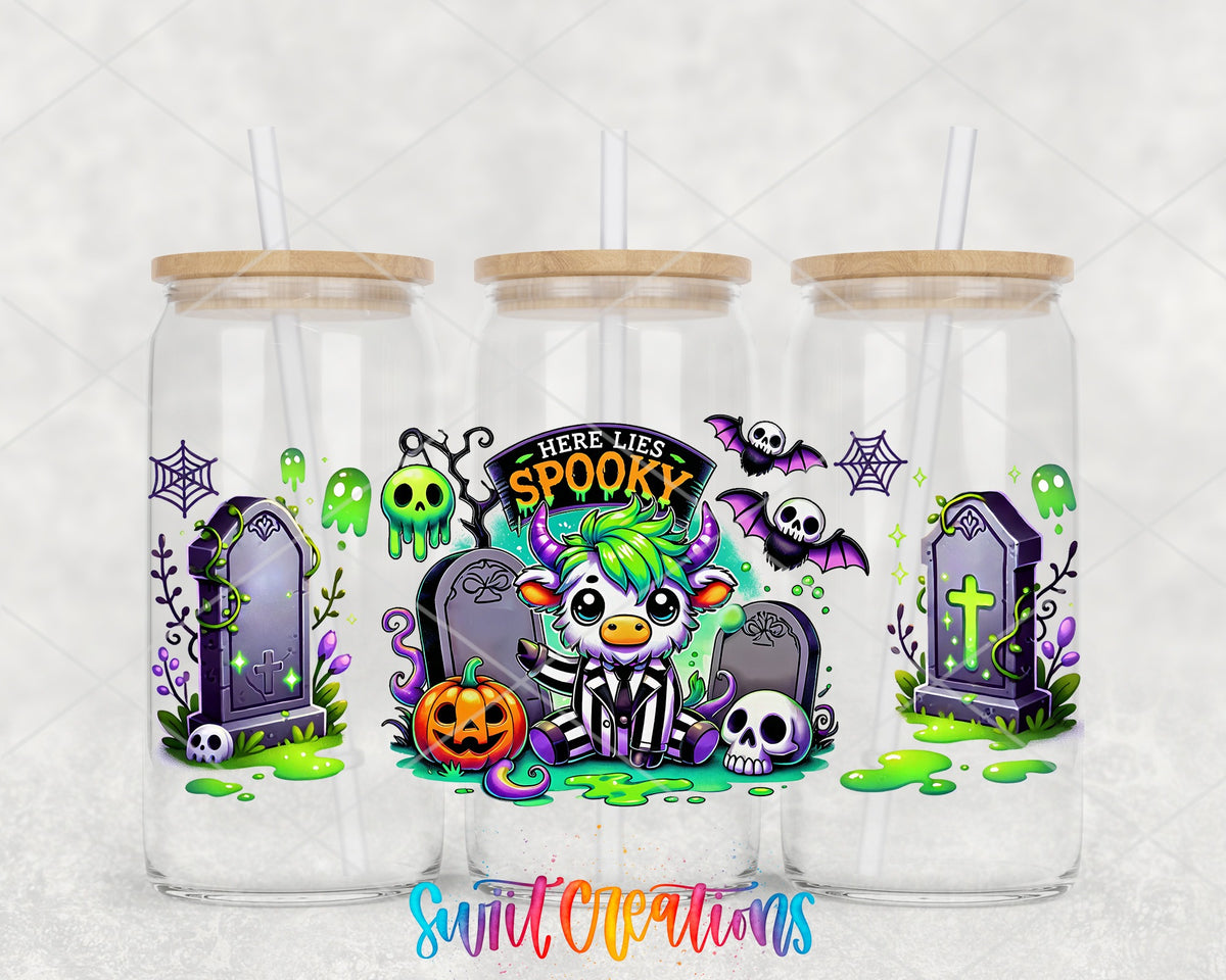 Here Lies Spooky highland cow graveyard UV DTF full wrap on three clear glass cans