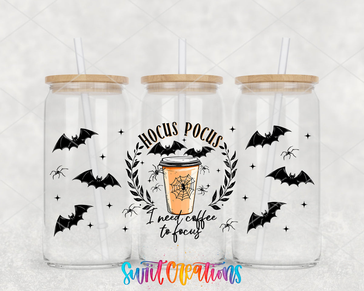 Hocus Pocus I Need Coffee to Focus UV DTF full wrap on three glass cans