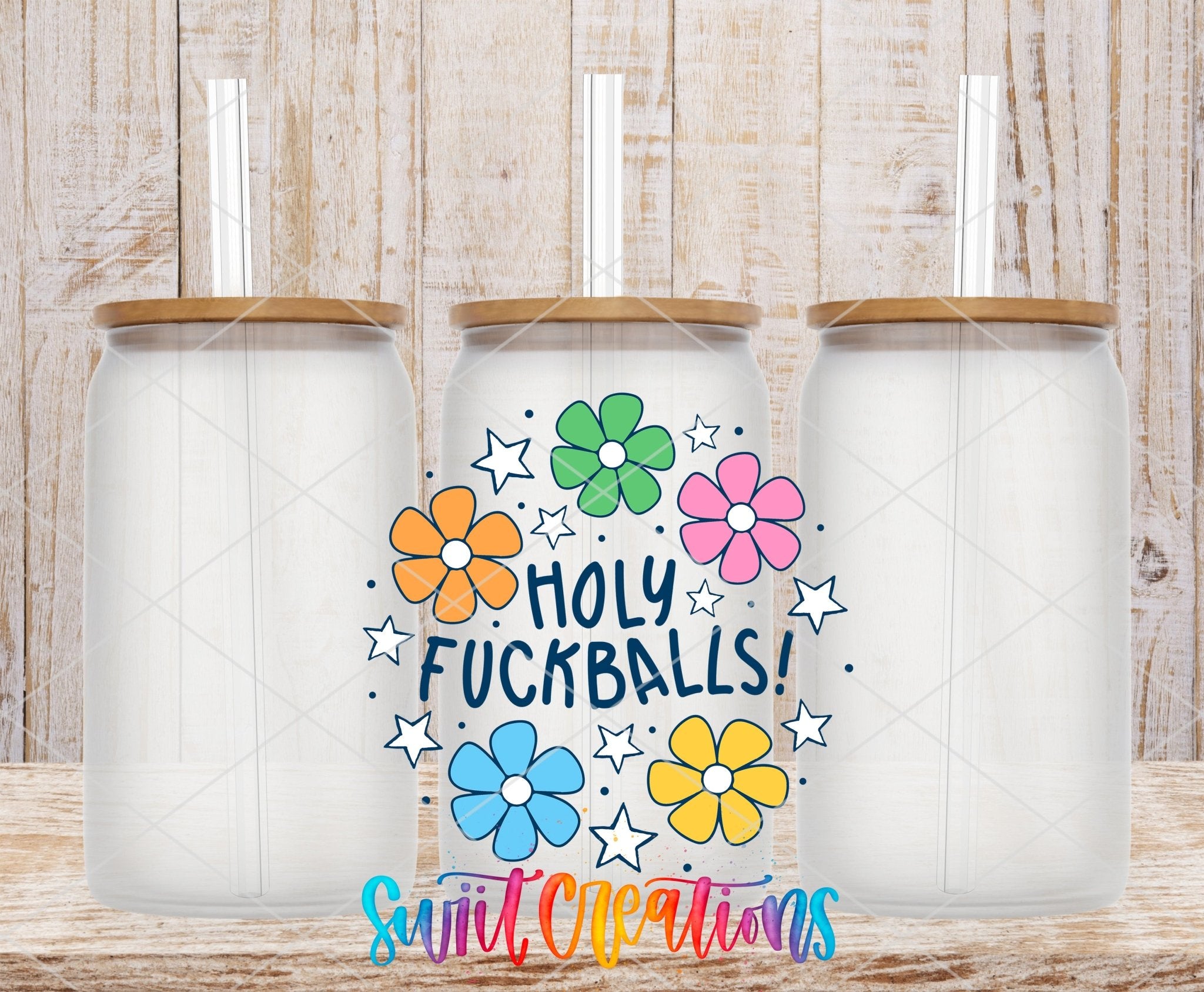 Holy Fuckballs Retro Groovy Flowers UV DTF transfer applied to a clear glass can set from Swiit Creations