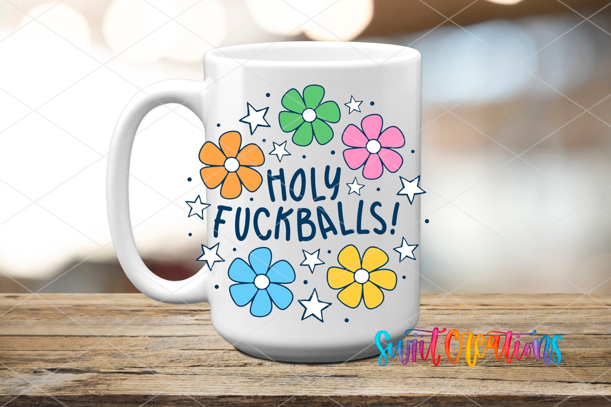 Holy Fuckballs Retro Groovy Flowers UV DTF transfer displayed on a white ceramic mug from Swiit Creations