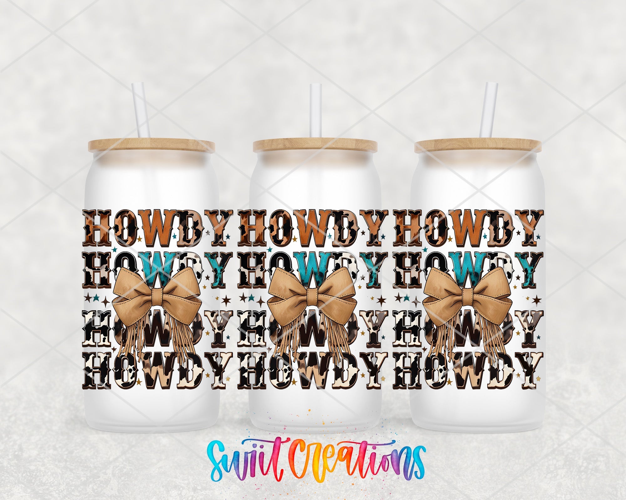 Howdy Western UV DTF Transfer Tumbler Wrap | Cowhide Bow Country Pattern Tumbler Design | DTF281 - Swiit Creations