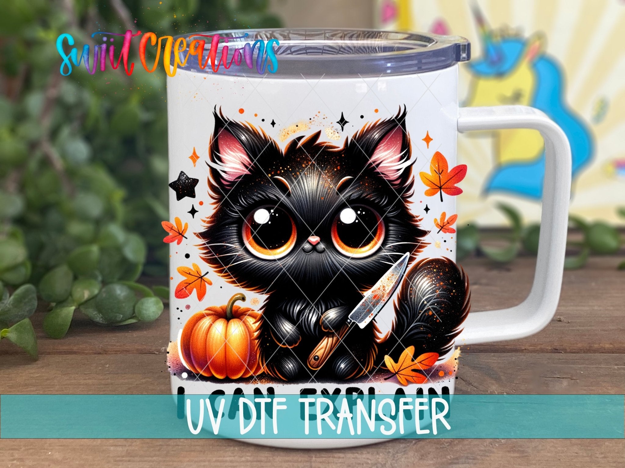 Swiit Creations UV DTF I Can Explain Black Cat Halloween transfer displayed on a white coffee mug
