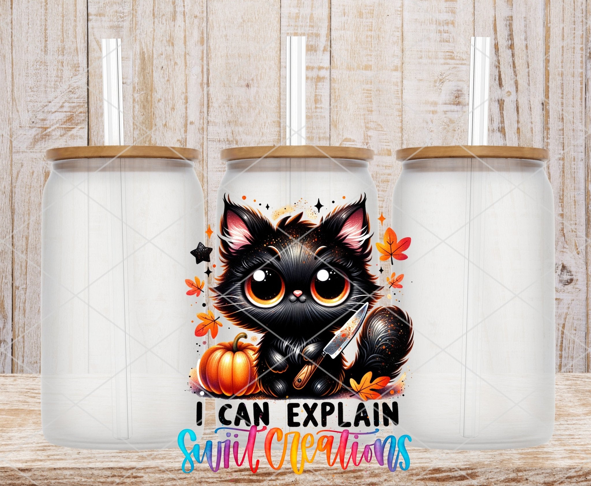 Swiit Creations UV DTF I Can Explain Black Cat Halloween transfer shown on a clear glass can set