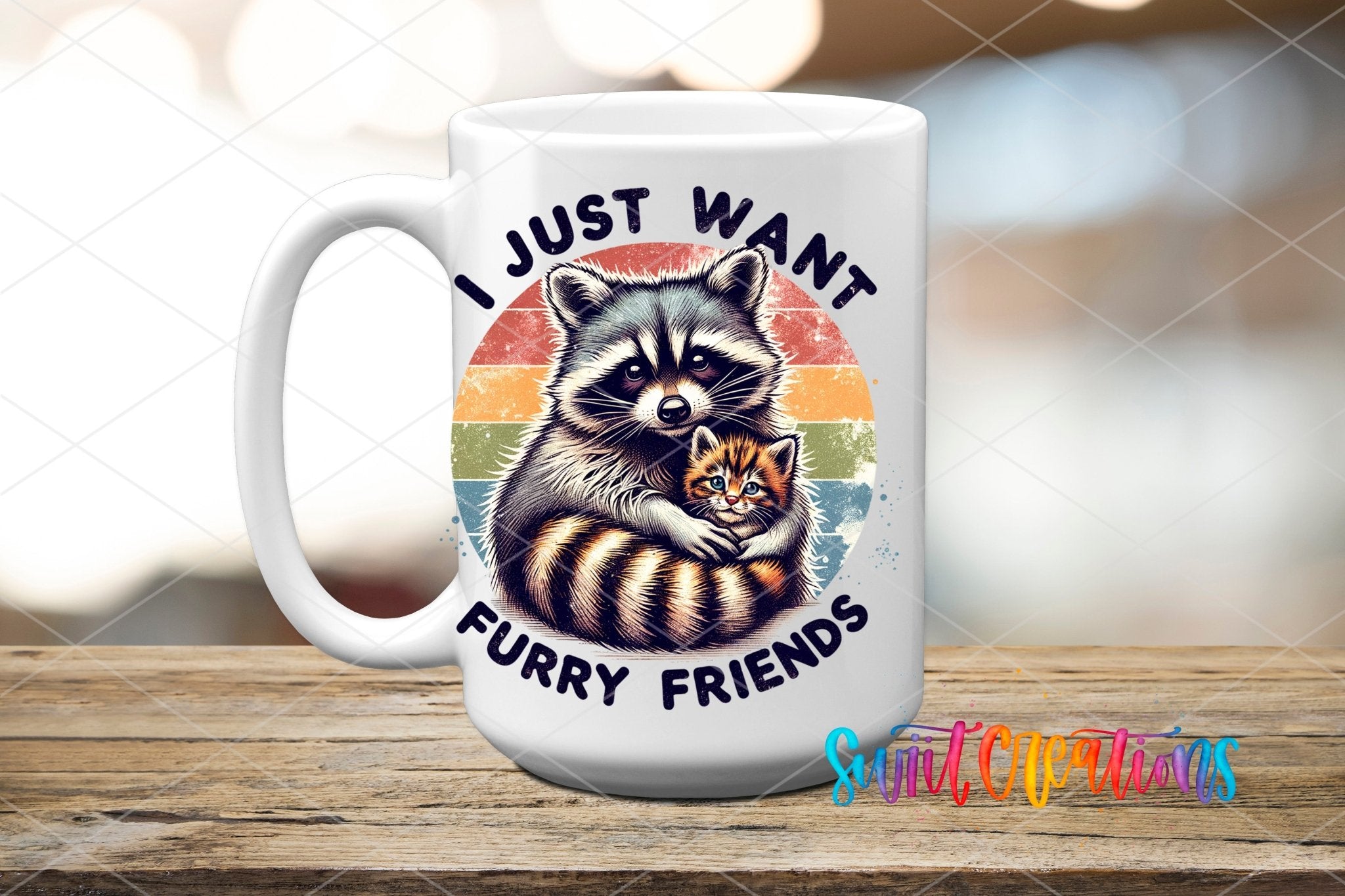 I Just Want Furry Friends UV DTF transfer displayed on a white ceramic mug from Swiit Creations