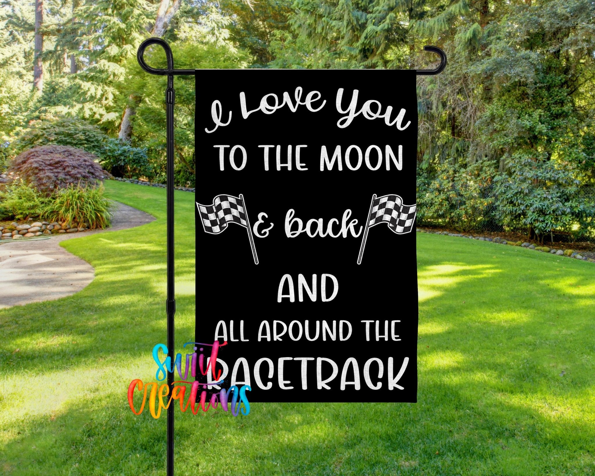 I Love You to the Moon Garden Flag | Racing Yard Flag | Checkered Flag Outdoor Decor | Motorsports Porch Decoration | YF72 - Swiit Creations