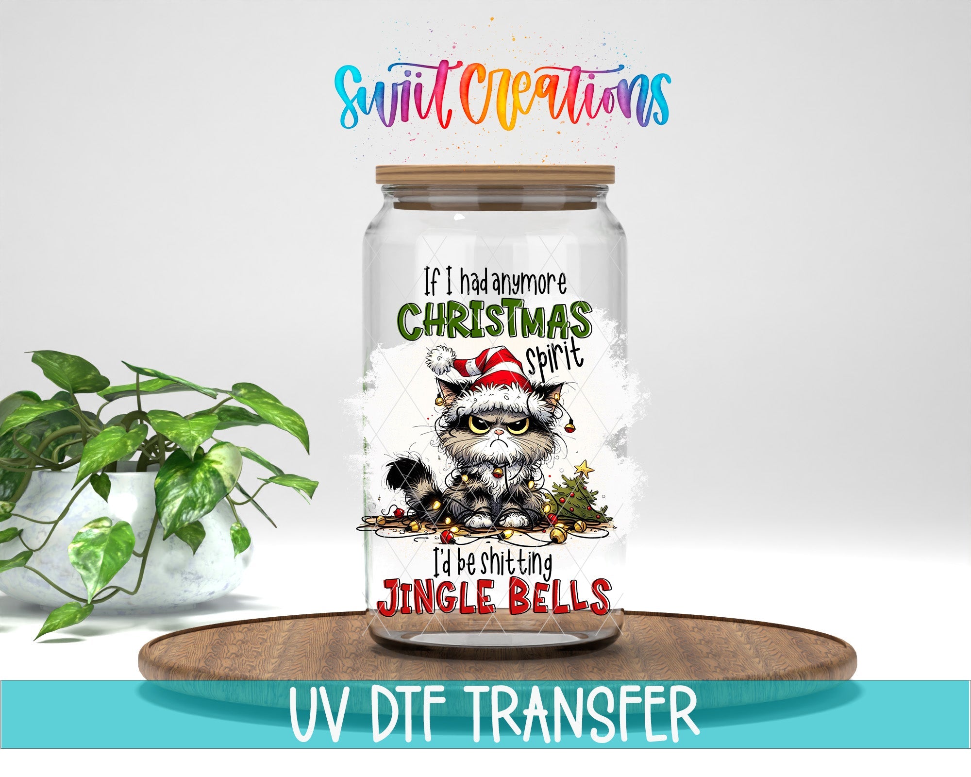 Swiit Creations UV DTF Christmas Spirit Jingle Bells Cat transfer displayed on a clear jar mockup